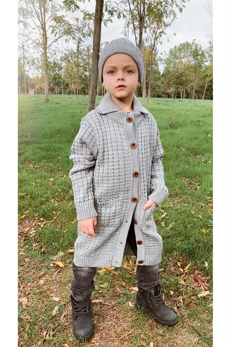 Unısex Düğmeli Oversize Uzun Triko Hırka Bere Ikili Takım GRİ 4 Yaş