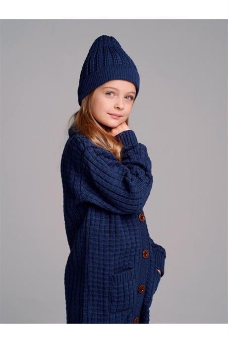 Unısex Düğmeli Oversize Uzun Triko Hırka Bere Ikili Takım LACİVERT 4 Yaş