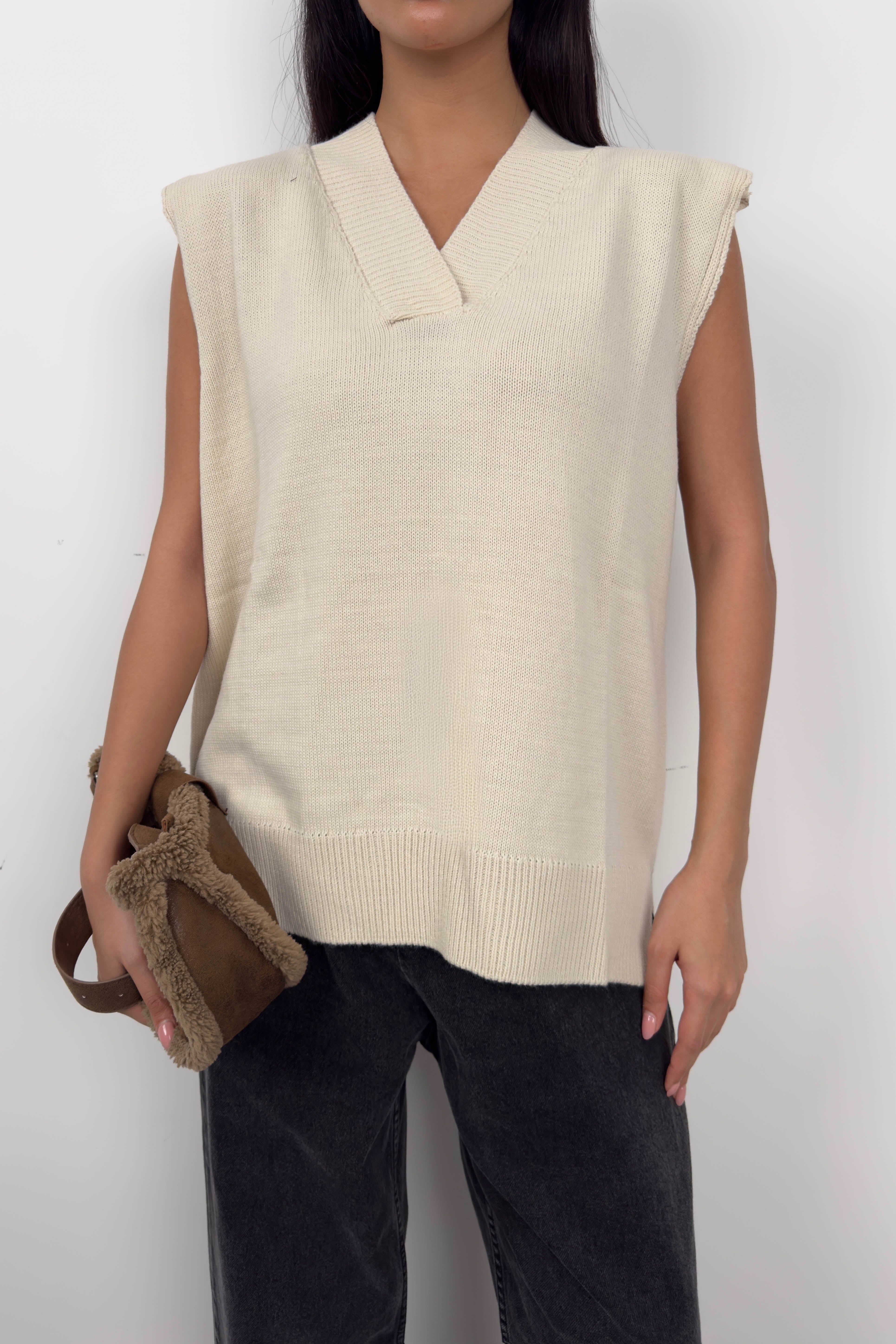 V Yaka Bej Oversize Süveter