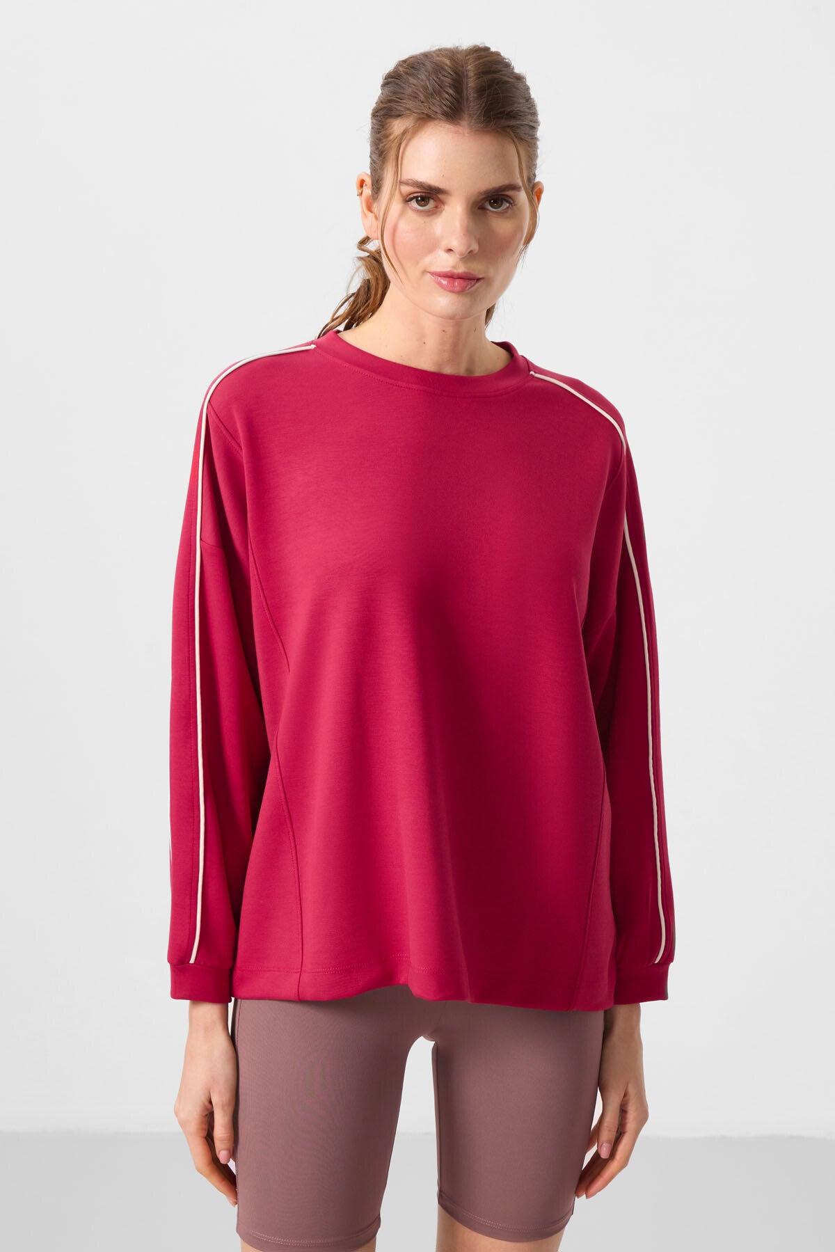 Viva Kırmızı Yumuşak Dokulu O Yaka Oversize Kadın Tunik Sweatshirt - 97303