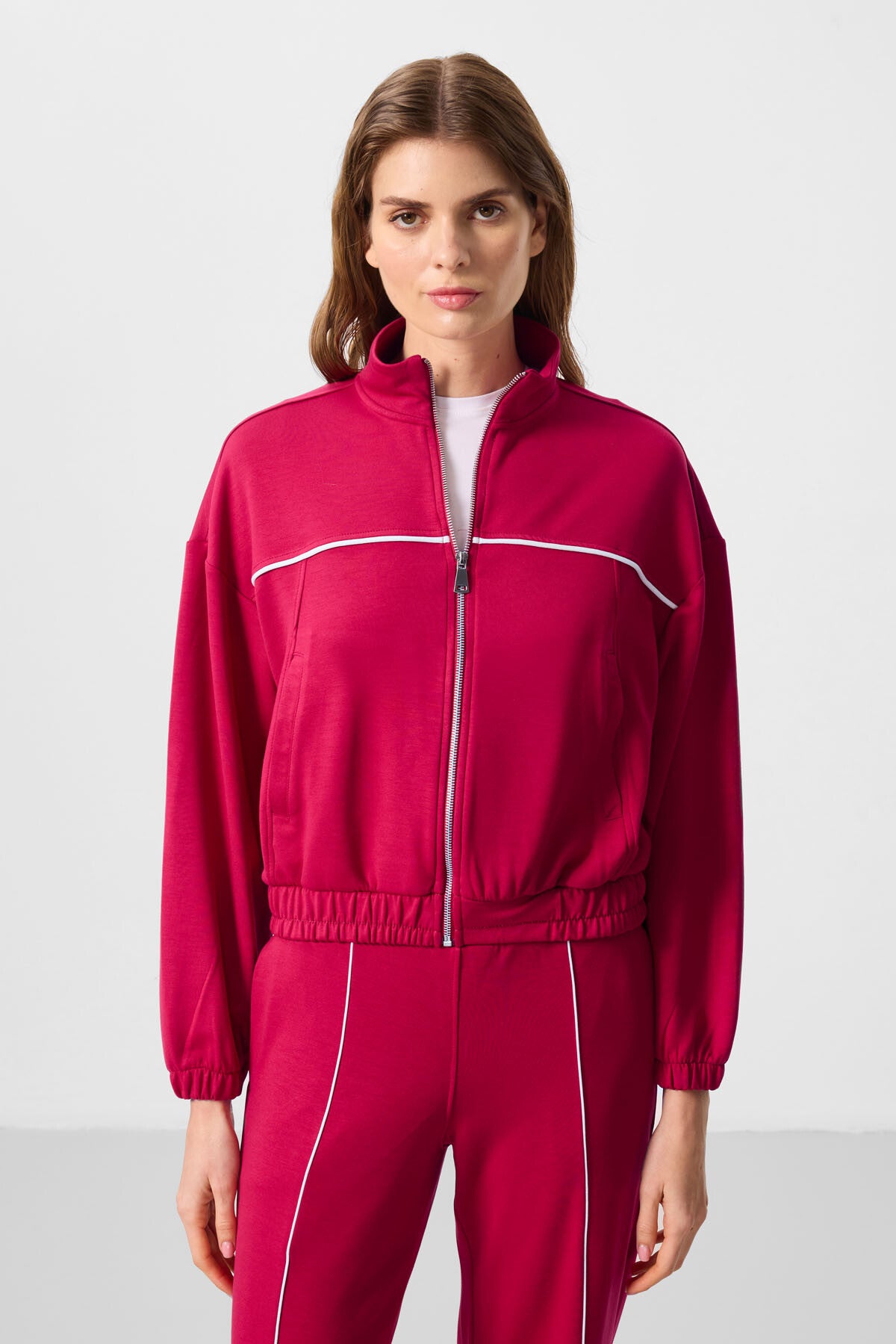 Viva Kırmızı Yumuşak Dokulu Dik Yaka Oversize Lastikli Kadın Eşofman Takım - 95349