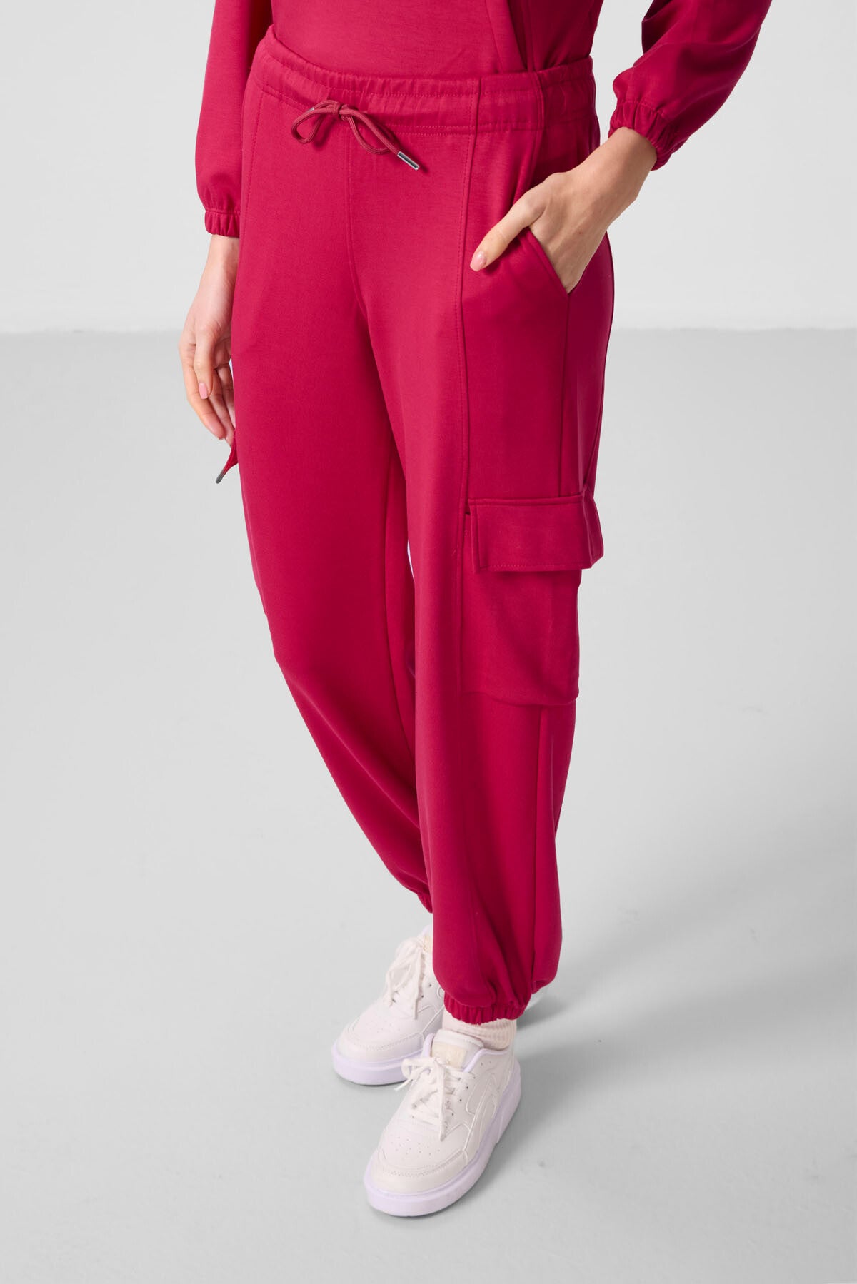 Viva Kırmızı Yumuşak Dokulu Dik Yaka Gizli Fermuarlı Oversize Kadın Eşofman Takım - 95351