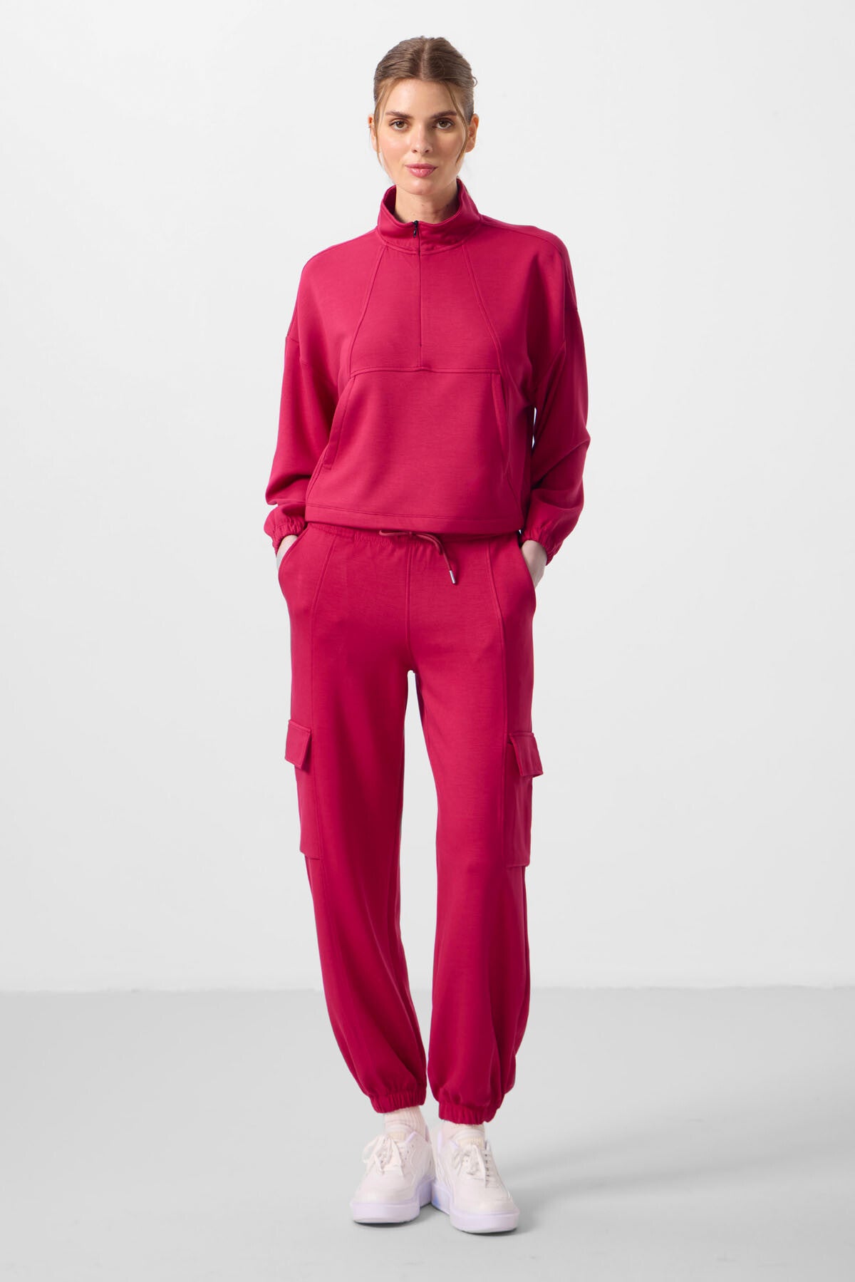 Viva Kırmızı Yumuşak Dokulu Dik Yaka Gizli Fermuarlı Oversize Kadın Eşofman Takım - 95351