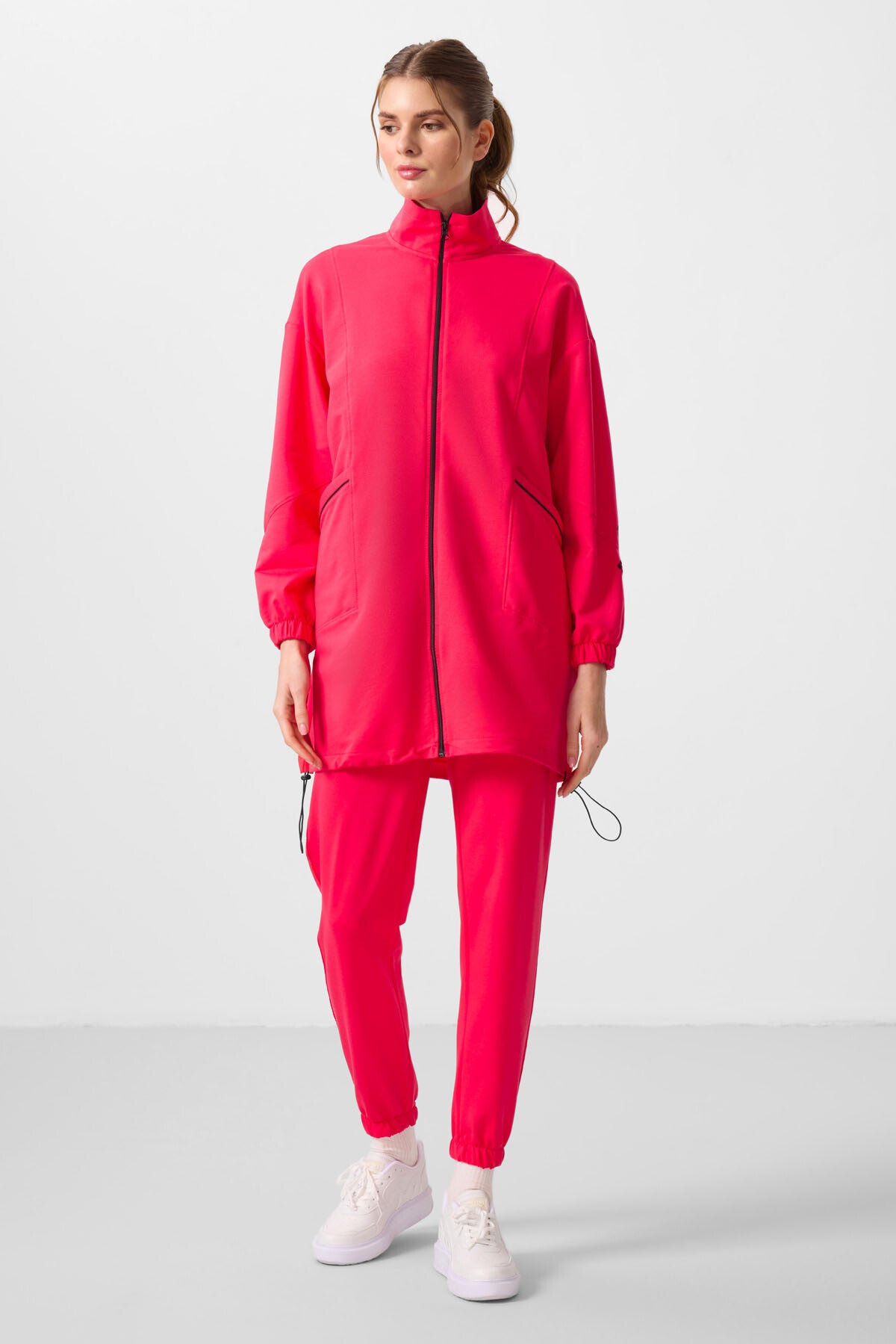 Viva Kırmızı Dik Yaka Fermuarlı Rahat Form Kadın Eşofman Tunik Takım - 95345