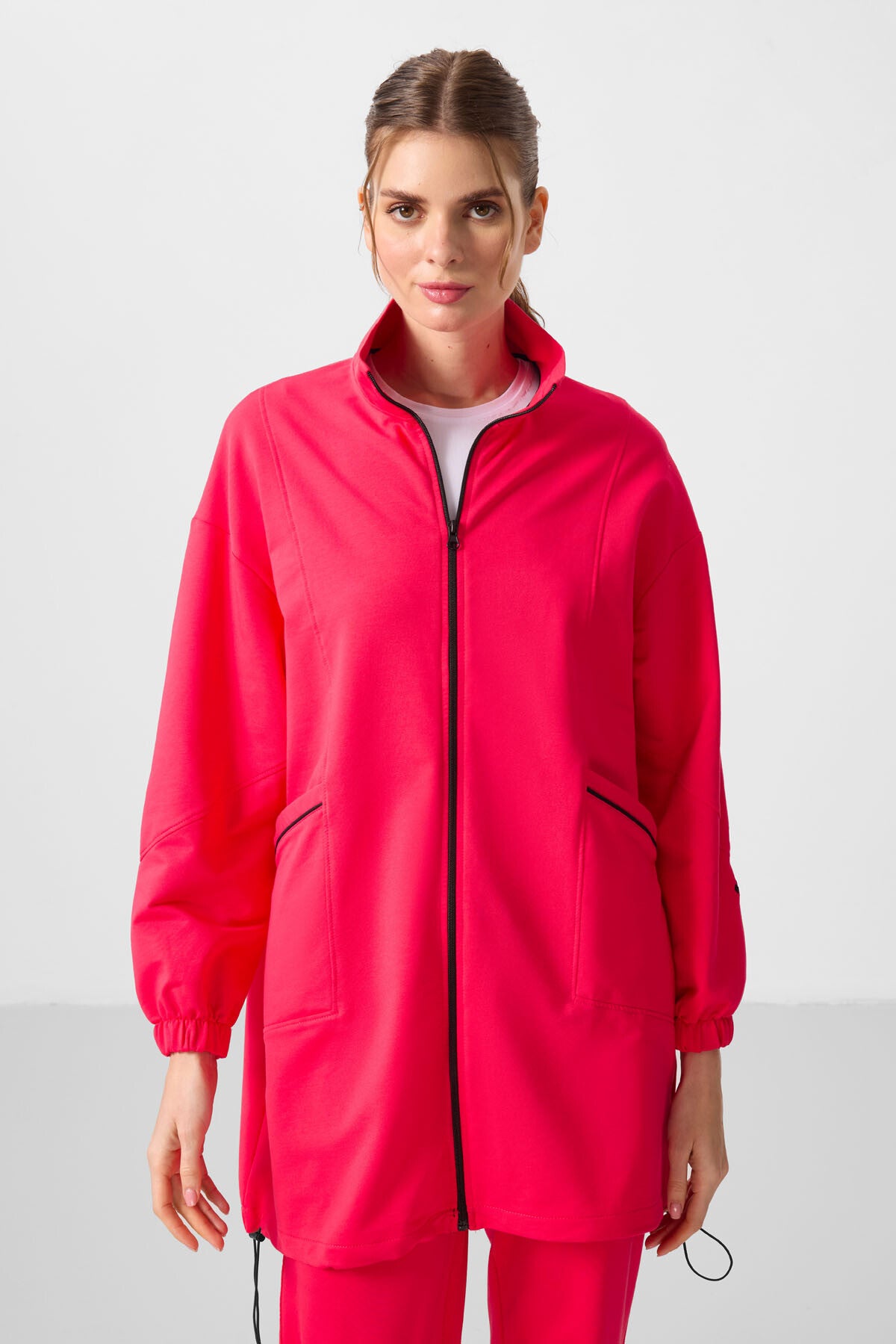 Viva Kırmızı Dik Yaka Fermuarlı Rahat Form Kadın Eşofman Tunik Takım - 95345