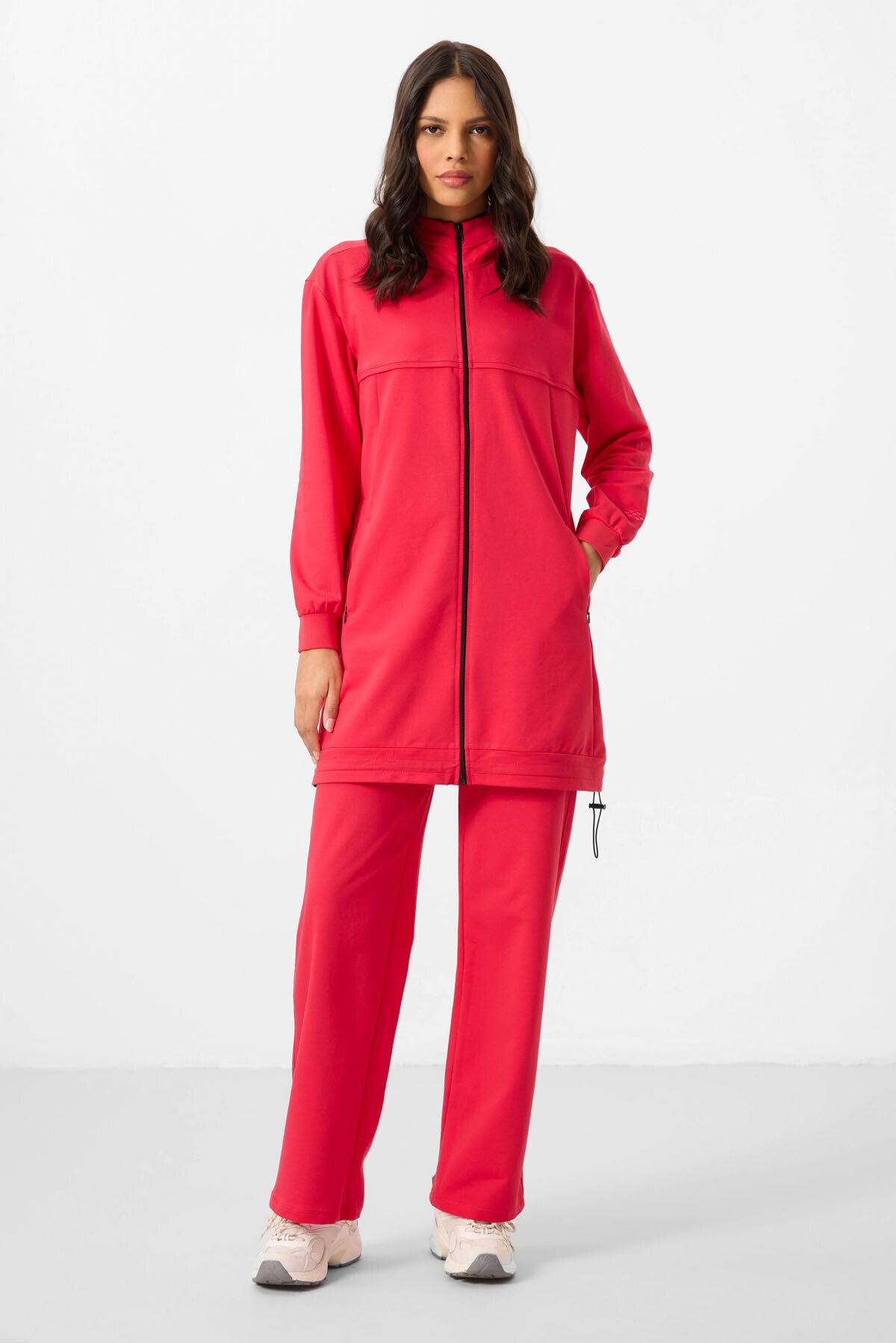 Viva Kırmızı Dik Yaka Fermuarlı Pamuklu Kadın Eşofman Tunik Takım - 95346