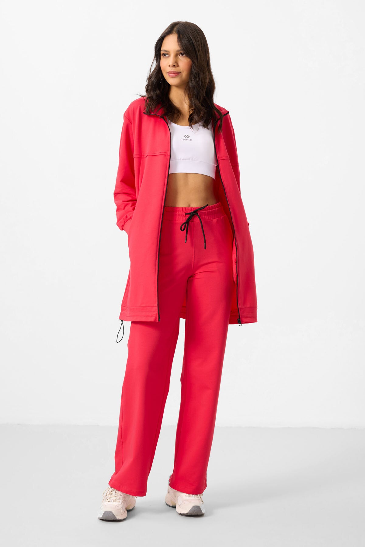 Viva Kırmızı Dik Yaka Fermuarlı Pamuklu Kadın Eşofman Tunik Takım - 95346