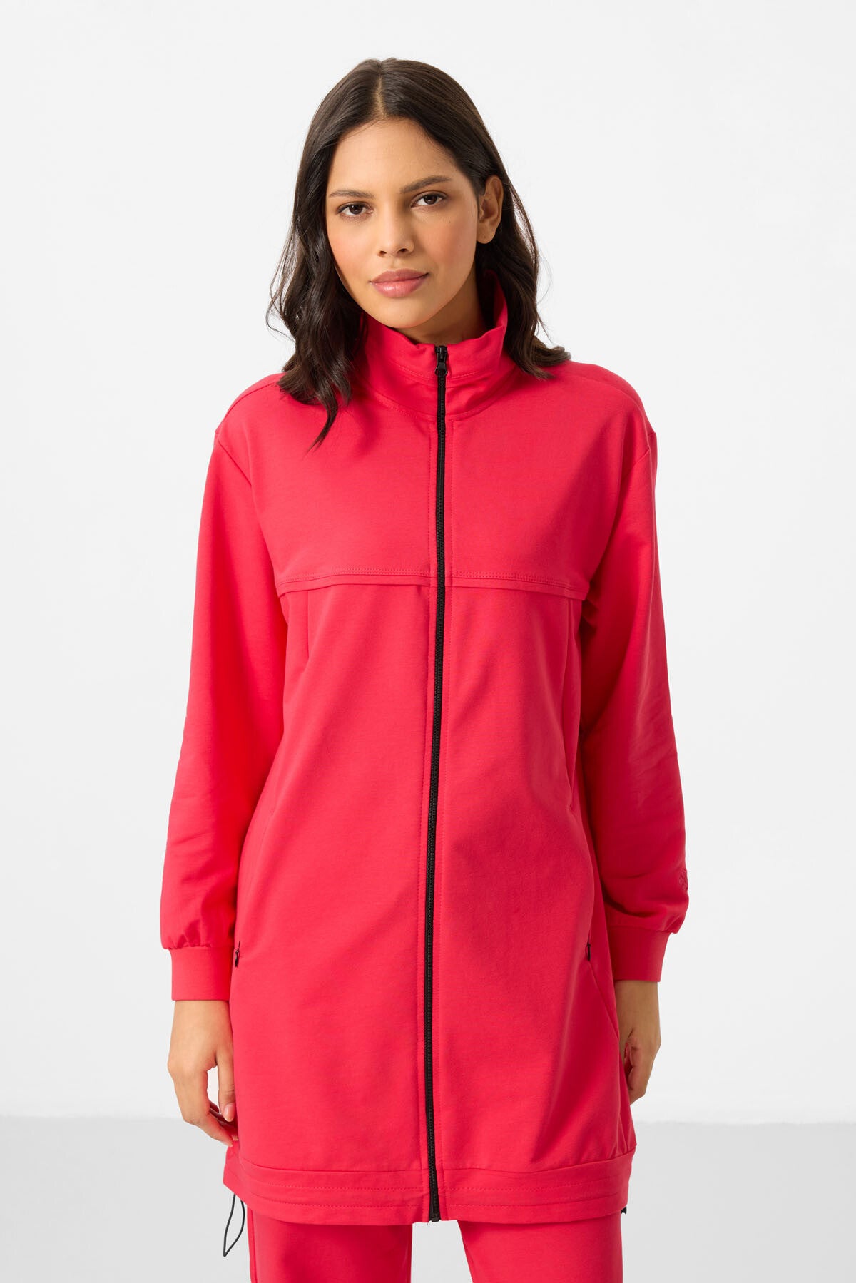 Viva Kırmızı Dik Yaka Fermuarlı Pamuklu Kadın Eşofman Tunik Takım - 95346