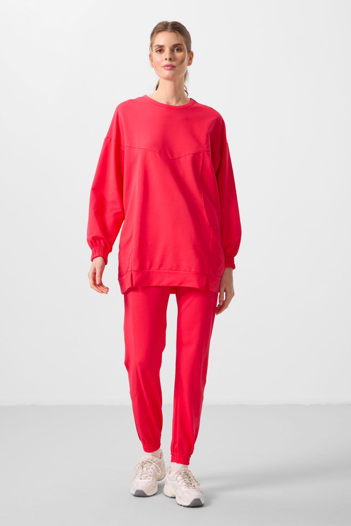Viva Kırmızı O Yaka Basic Oversize Kadın Eşofman Tunik Takım - 95347