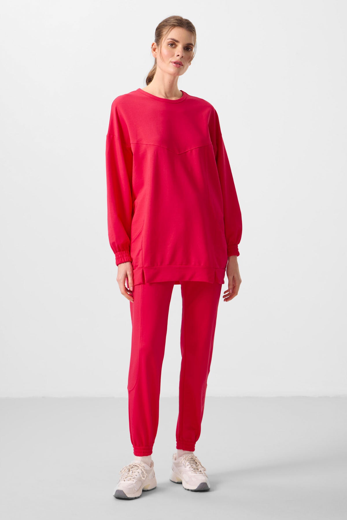 Viva Kırmızı O Yaka Basic Oversize Kadın Eşofman Tunik Takım - 95347