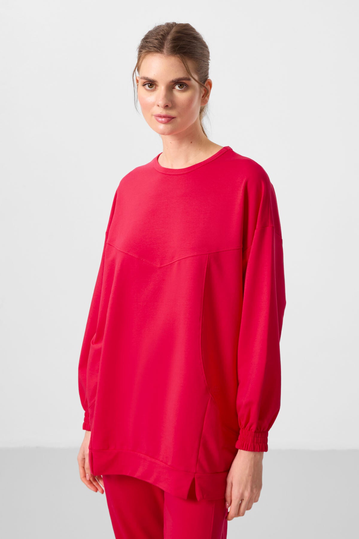 Viva Kırmızı O Yaka Basic Oversize Kadın Eşofman Tunik Takım - 95347