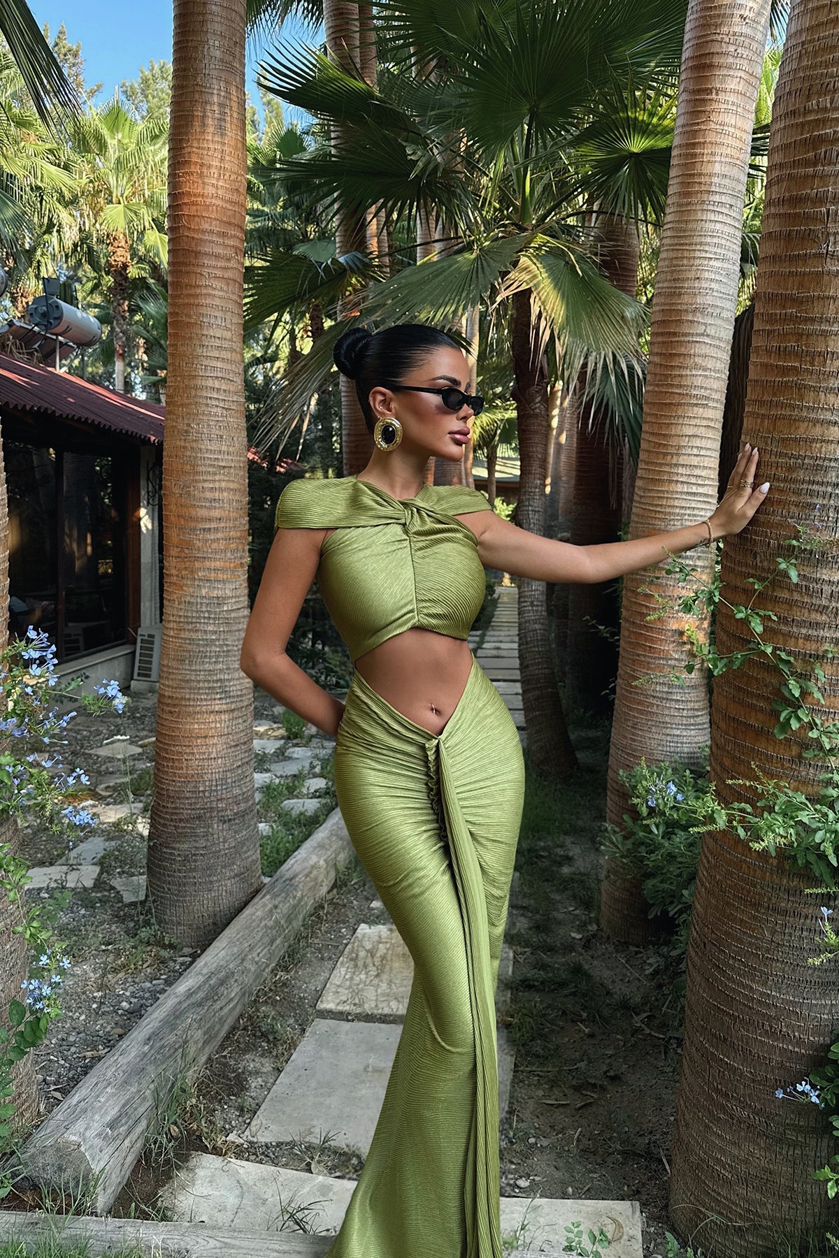 Yağ Yeşili Orleans Uzun Elbise ATE-3322