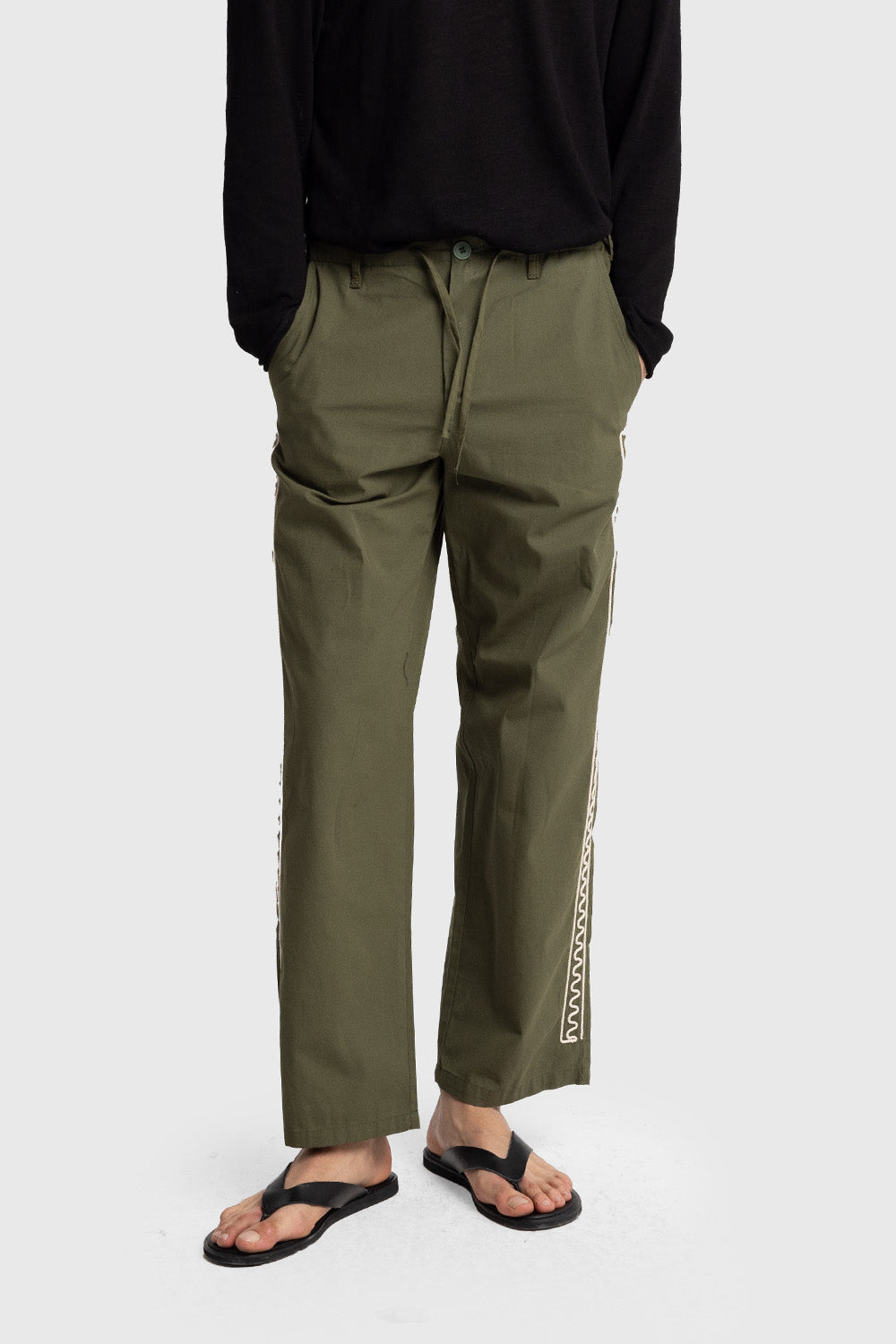 YANI İŞLEMELİ POPLIN PANTOLON - HAKİ XL