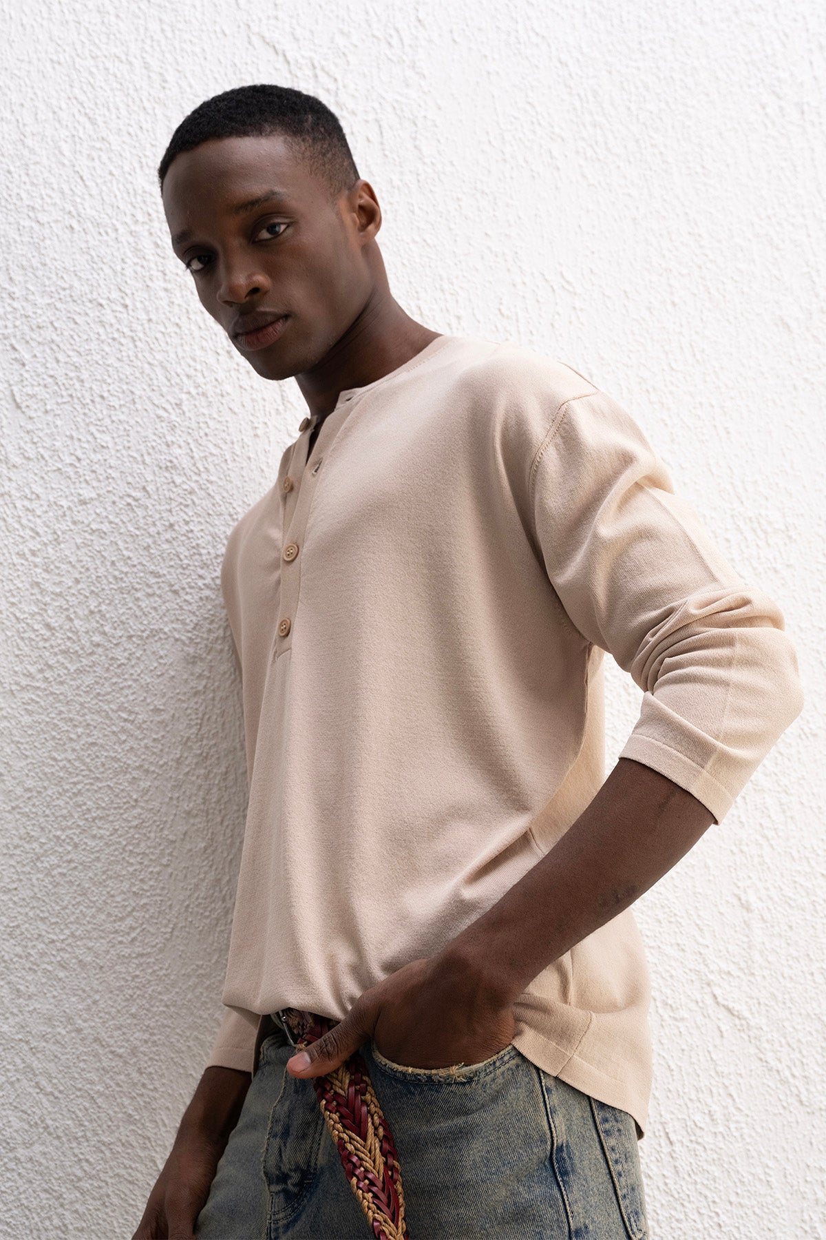 YARIM PATLI TRİKO BEJ T-SHIRT - BEJ XL