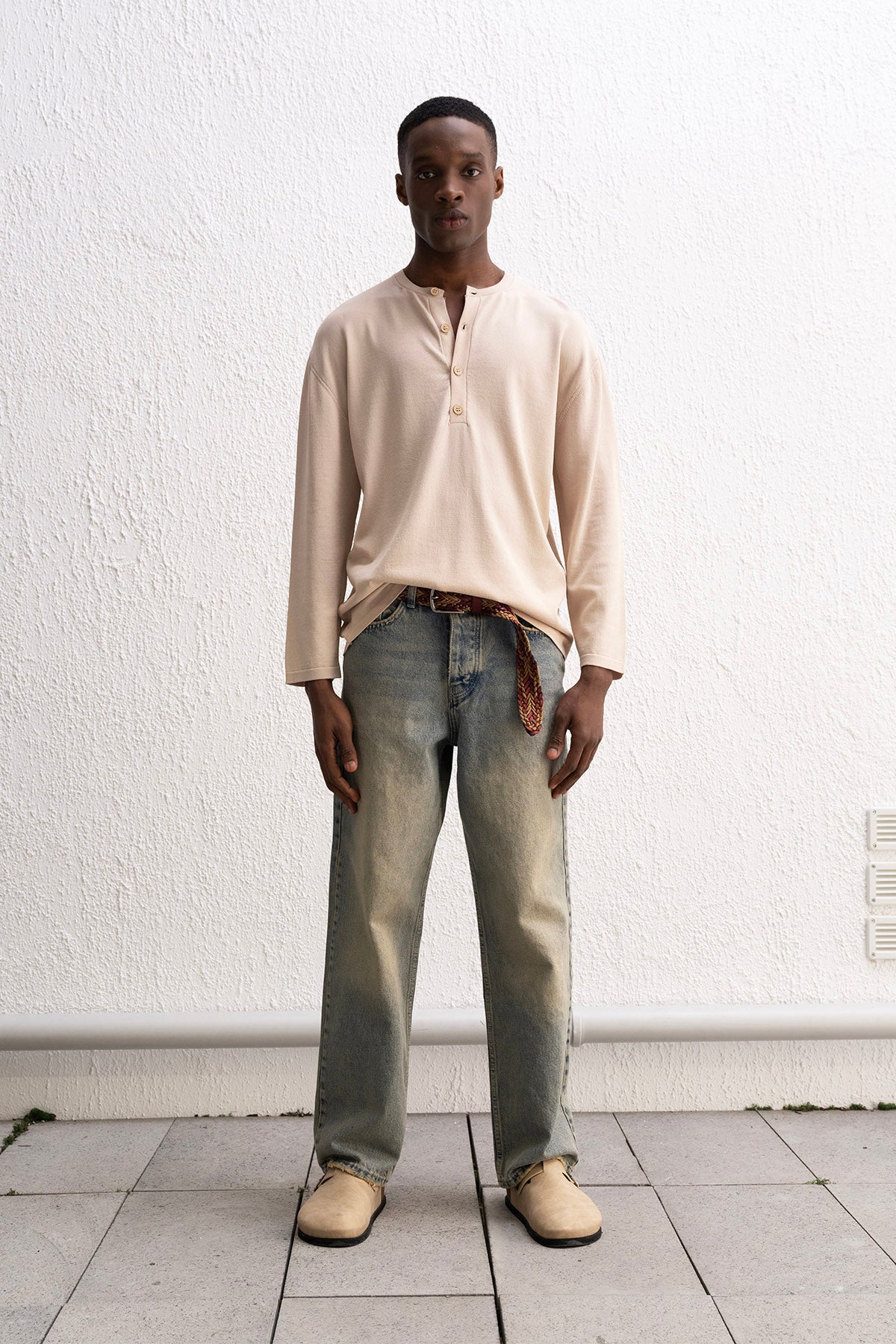 YARIM PATLI TRİKO BEJ T-SHIRT - BEJ S