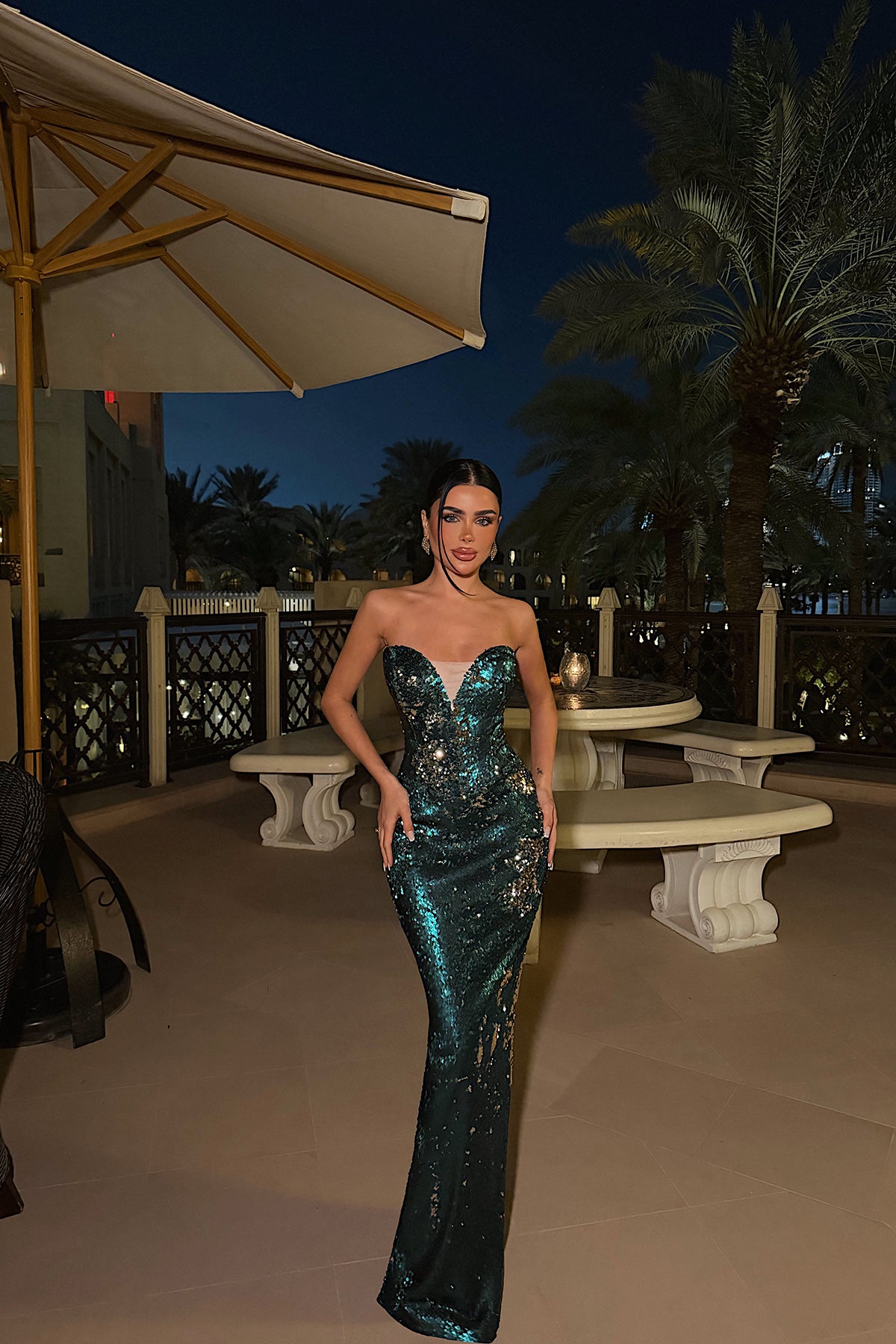 Yeşil Rococo Uzun Payetli Elbise ATE-4651