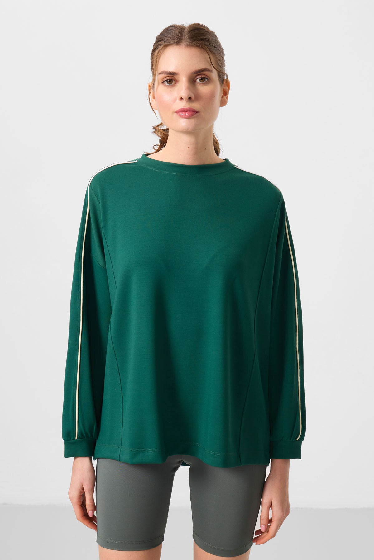 Yeşil Yumuşak Dokulu O Yaka Oversize Kadın Tunik Sweatshirt - 97303