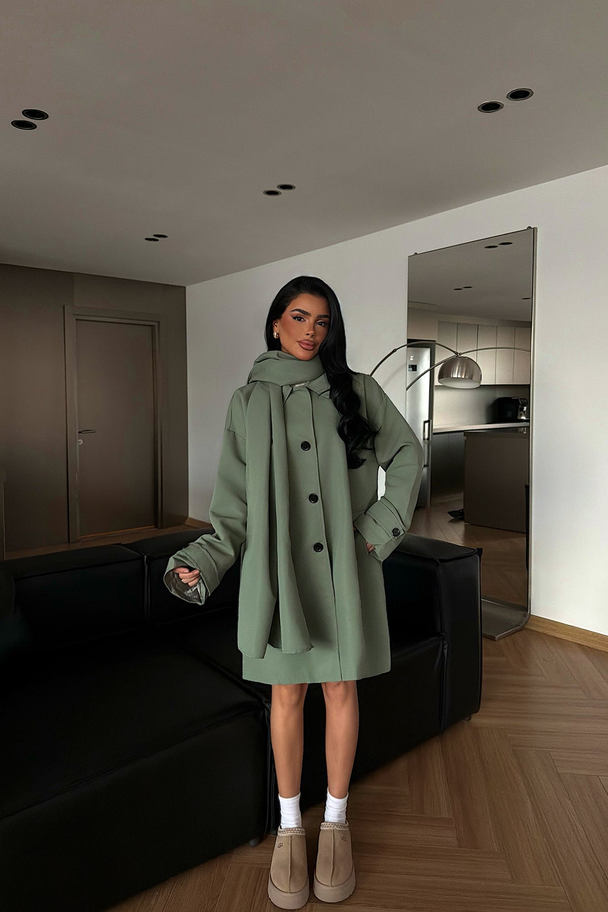 Yeşil Acler Şal Yaka Trençkot ATE-1961