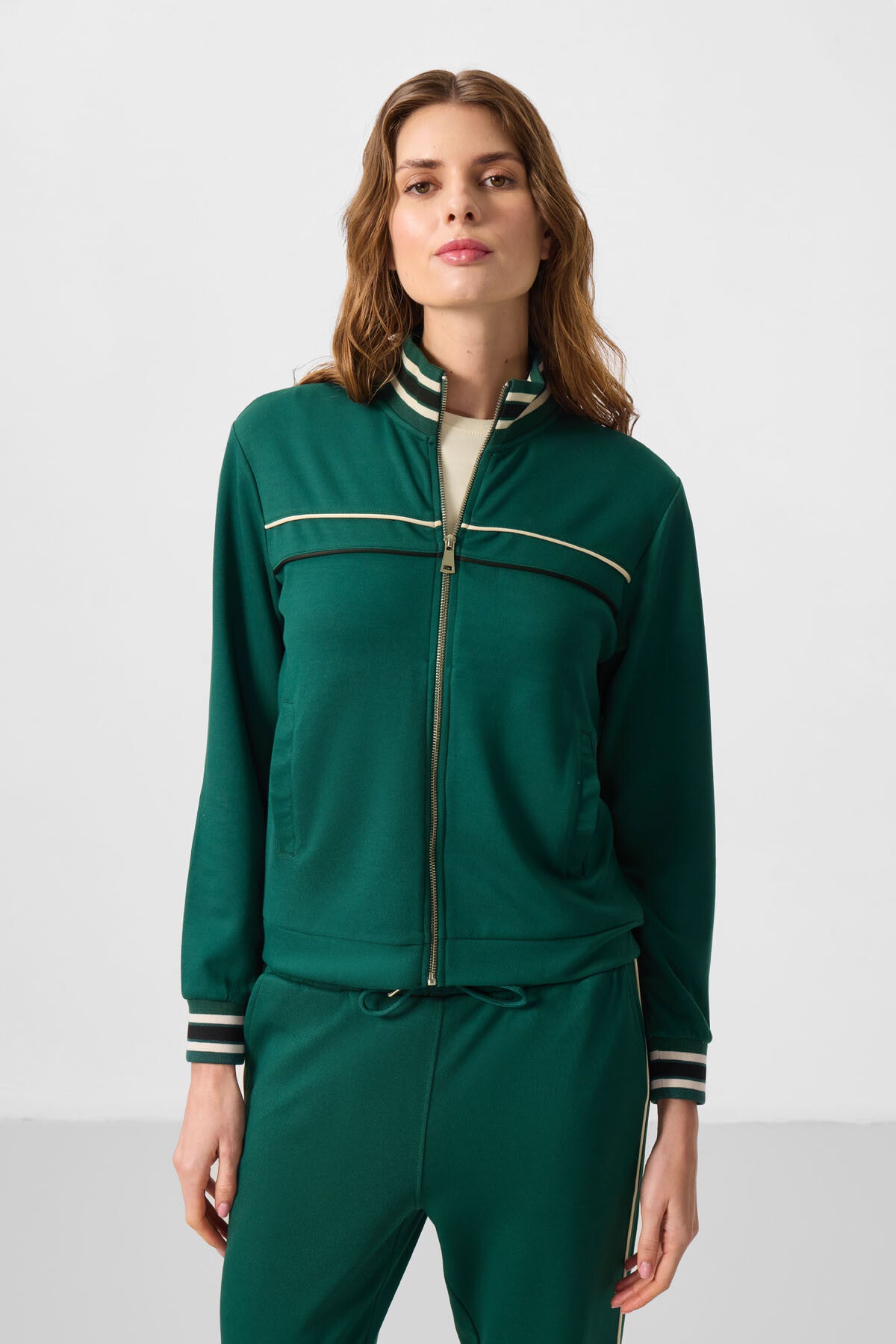 Yeşil Yumuşak Dokulu Triko Dik Yaka Oversize Kadın Eşofman Takım - 95350