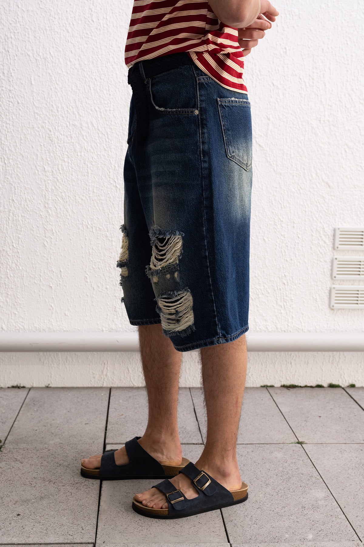 YIRTIKLI JEAN MAVİ ŞORT - MAVİ XL