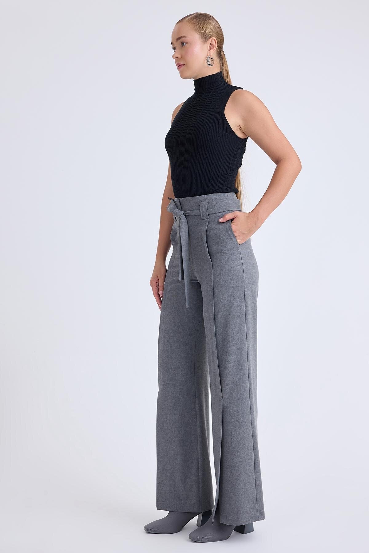 Yüksek Bel Beli Kemerli Pantolon