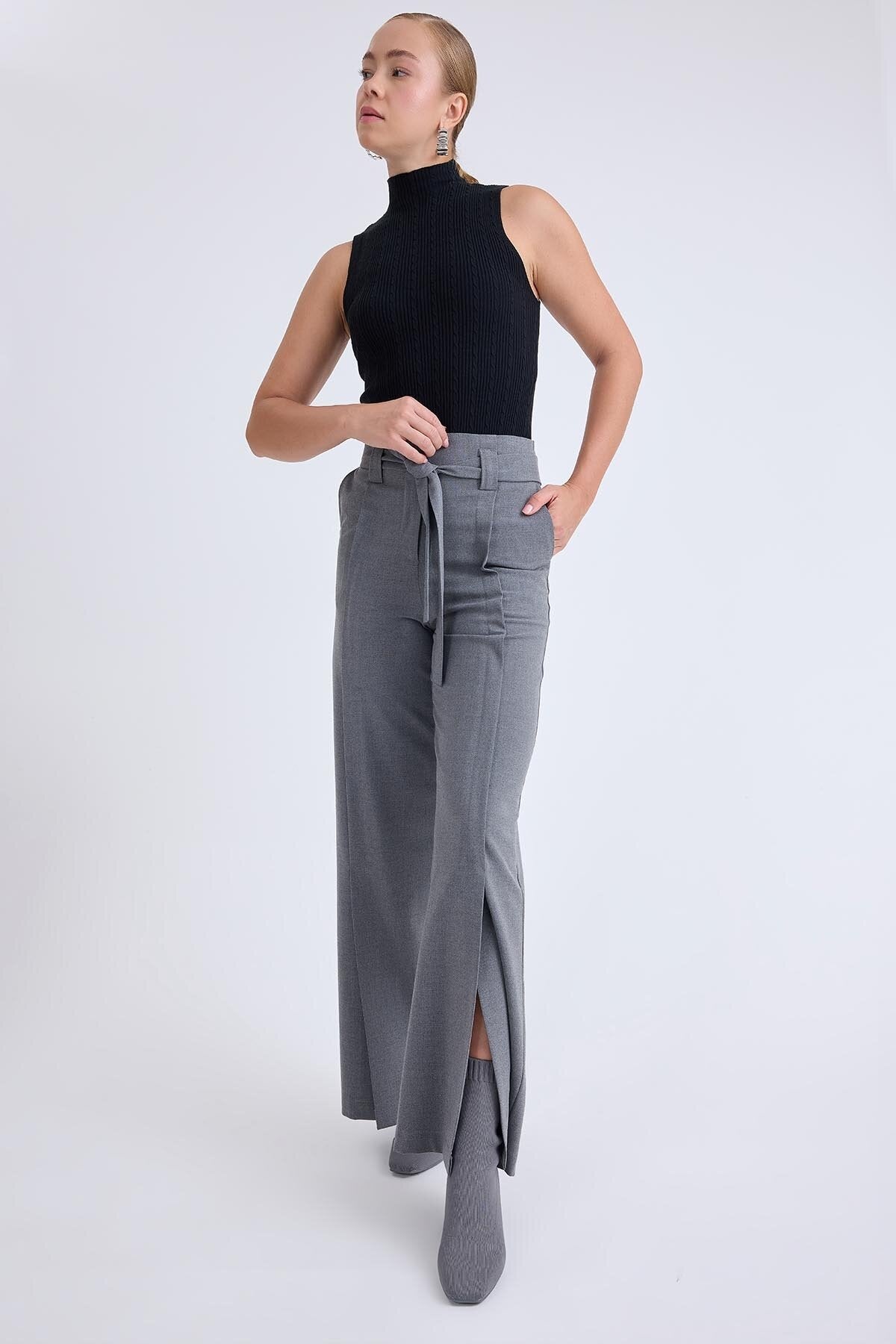 Yüksek Bel Beli Kemerli Pantolon