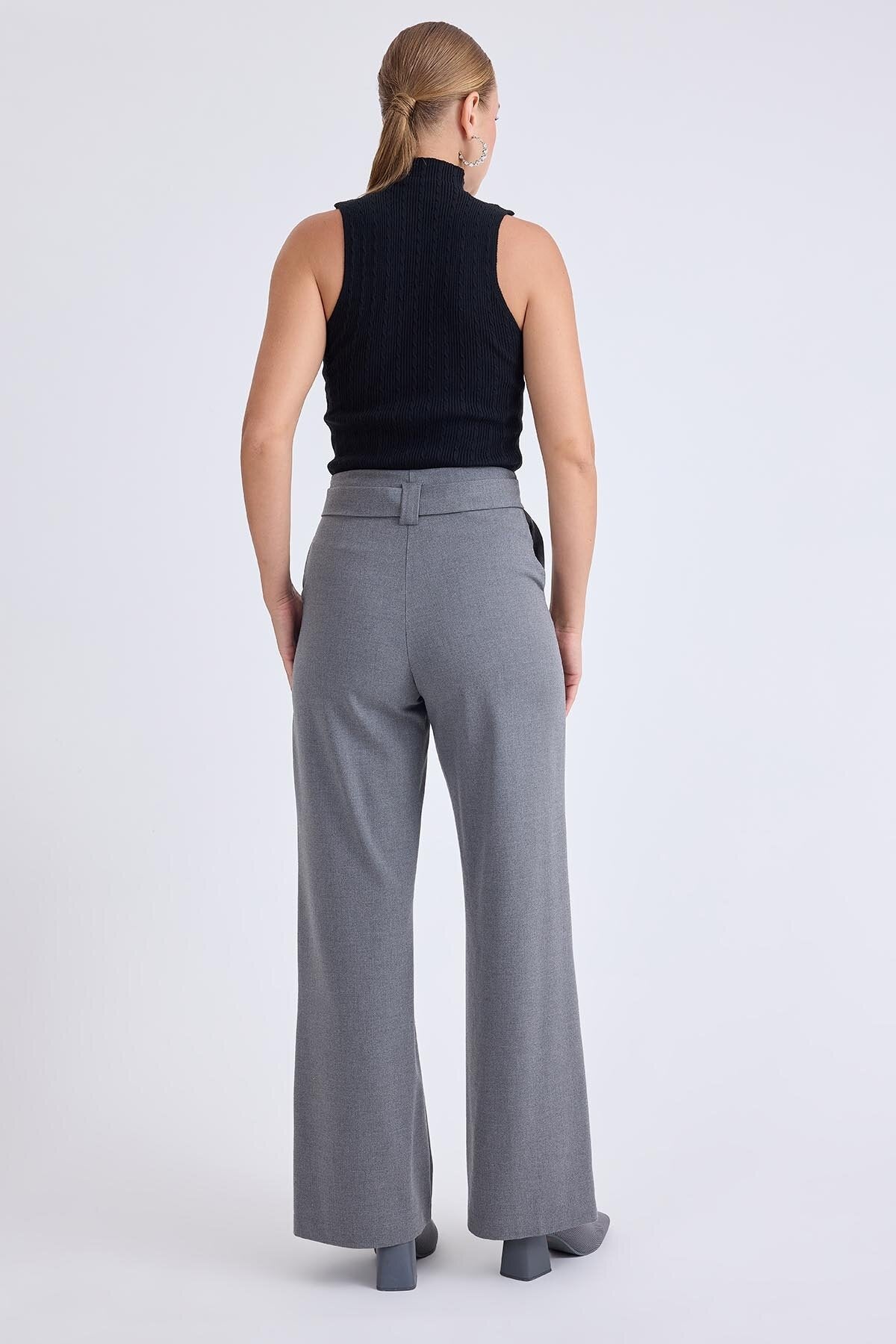 Yüksek Bel Beli Kemerli Pantolon