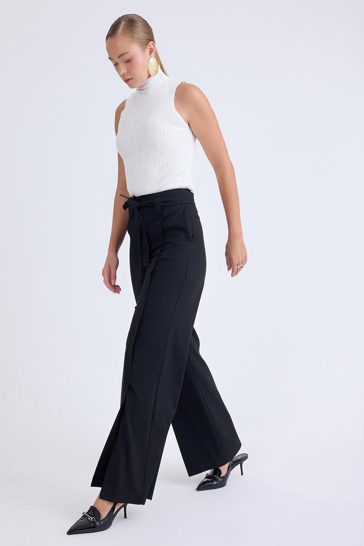 Yüksek Bel Beli Kemerli Pantolon