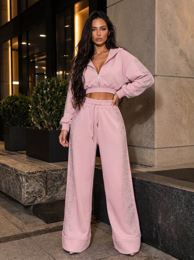 Kadın Taş Baskı Detaylı Fermuarlı Crop Sweatshirt Ve Geniş Paça Eşofman Takımı