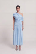 One Shoulder Draped Slit Long Emily Dress Blue