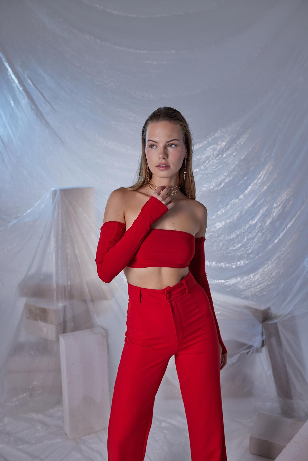 Straplez Model Noir Bluz Kırmızı Kırmızı L