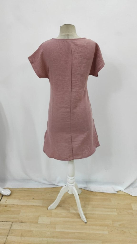 Kadın Kısa Kollu Yakası Açık Fermuarlı Cep Detaylı Ithal Keten Elbise