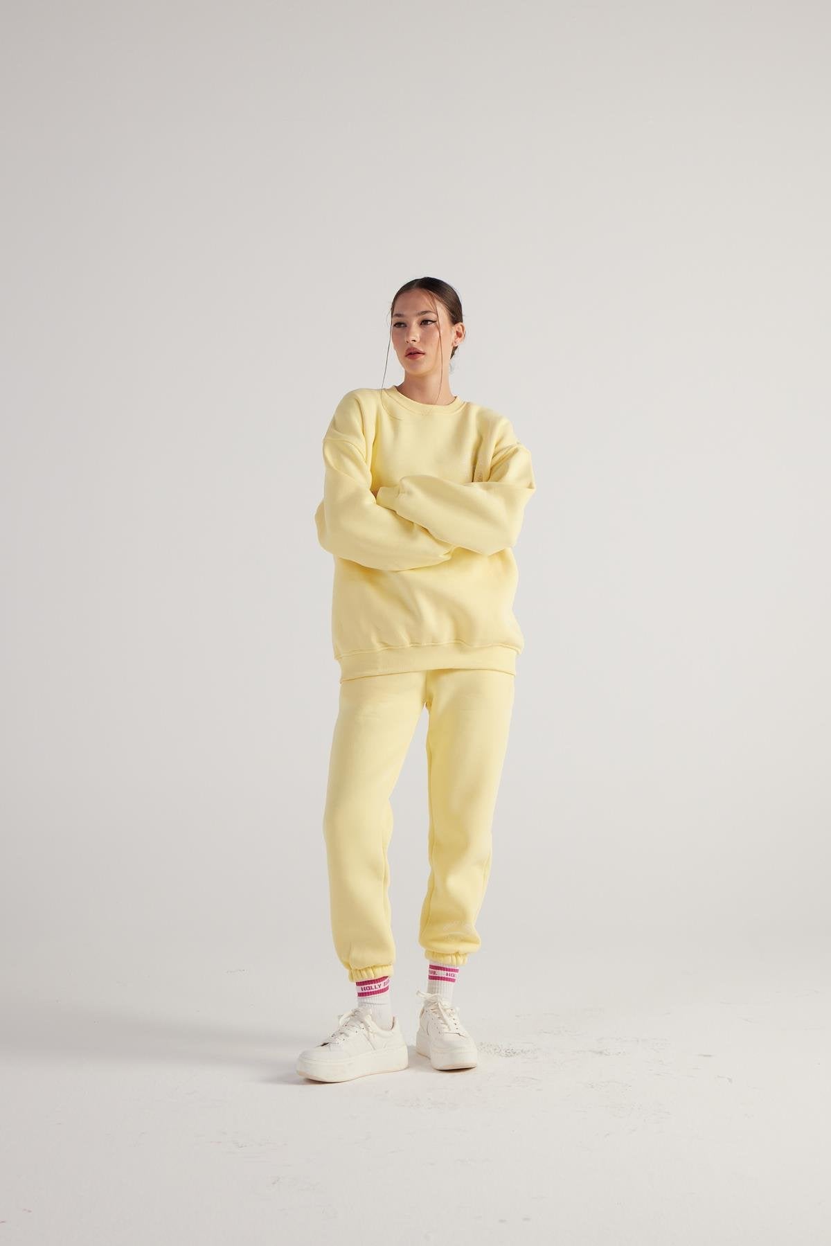 3 İplik Şardonlu Uzun Kol Bisiklet Yaka Fine Sweatshirt Sarı