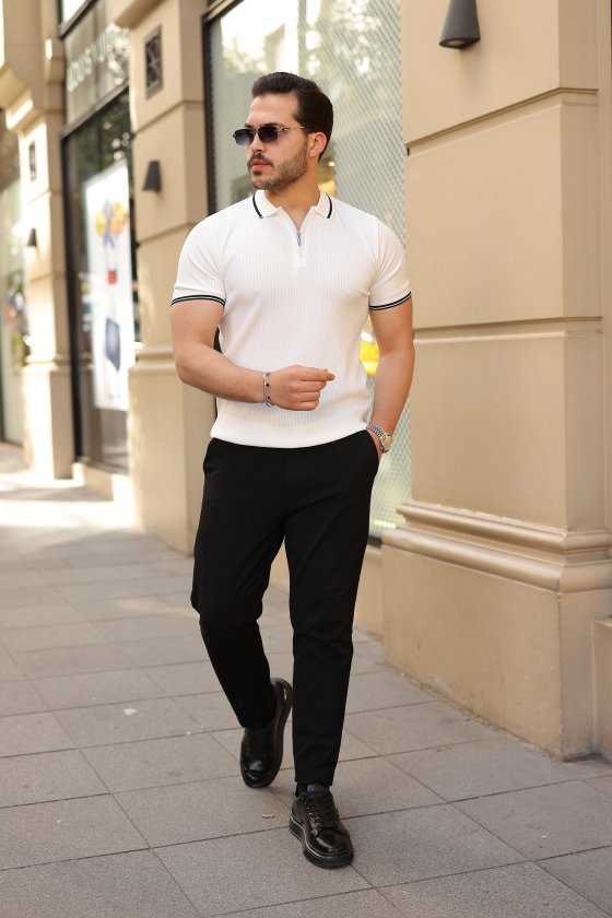 Erkek Çizgi Desenli Fermuar Yakalı Kısa Kollu Tişört