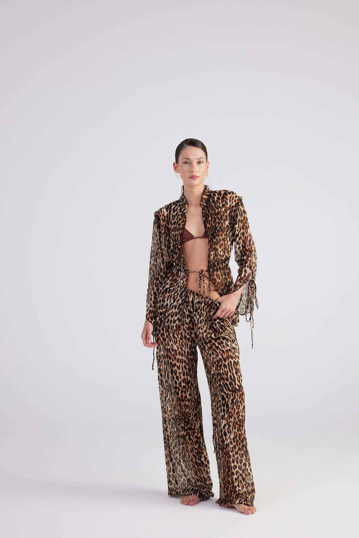 Beli Lastikli Leopar Desenli Şifon Savage Pantolon Kahve