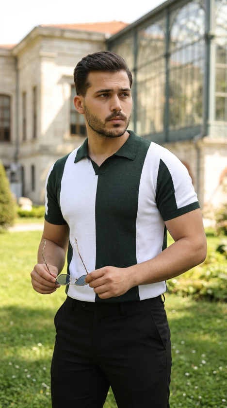 Erkek Kısa Kollu Polo Yakalı Blok Desenli Triko Bluz