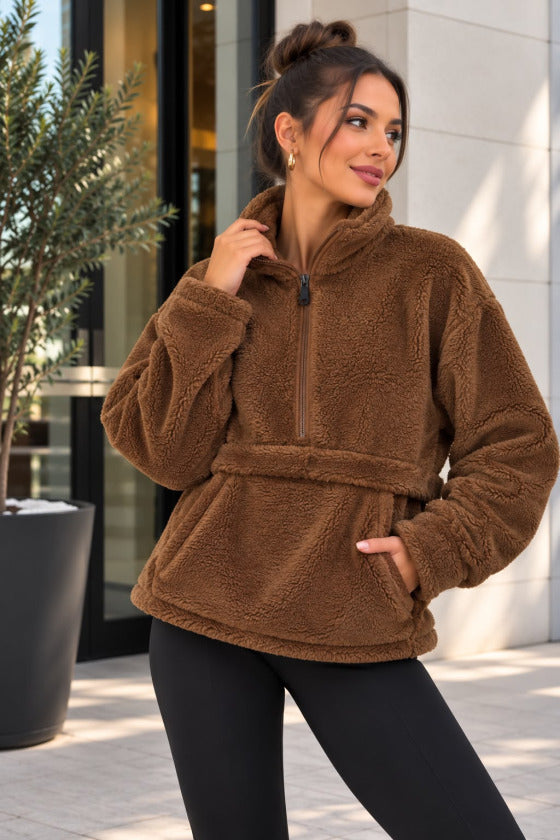 Kadın Yarım Fermuarlı Kanguru Cepli Peluş Wellsoft Sweatshirt