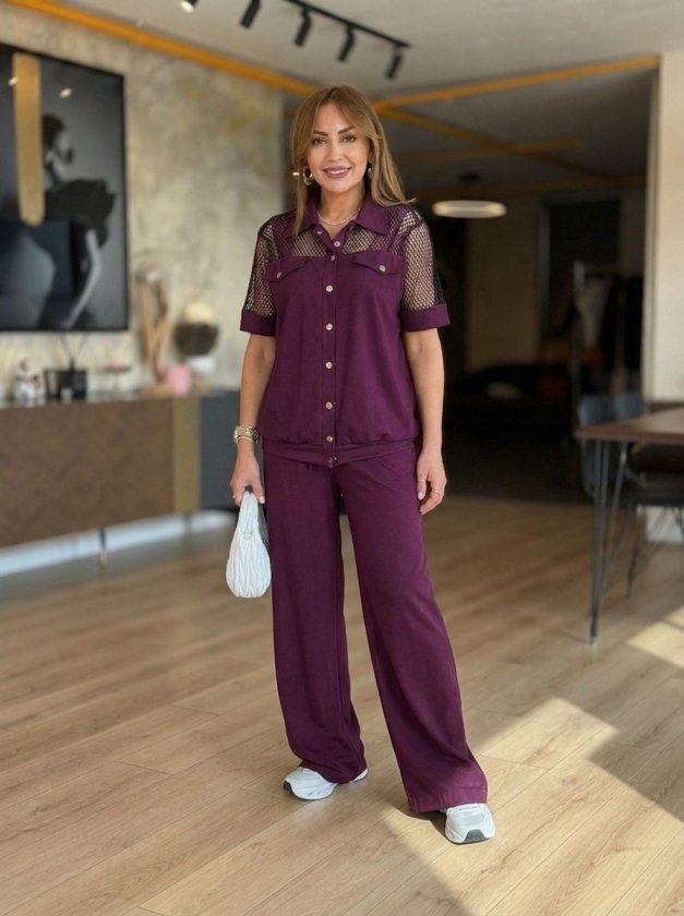 Women’s Short-Sleeve Collared Button-Front Modal Jacket and Pants Set with Mesh Detailing Product Description