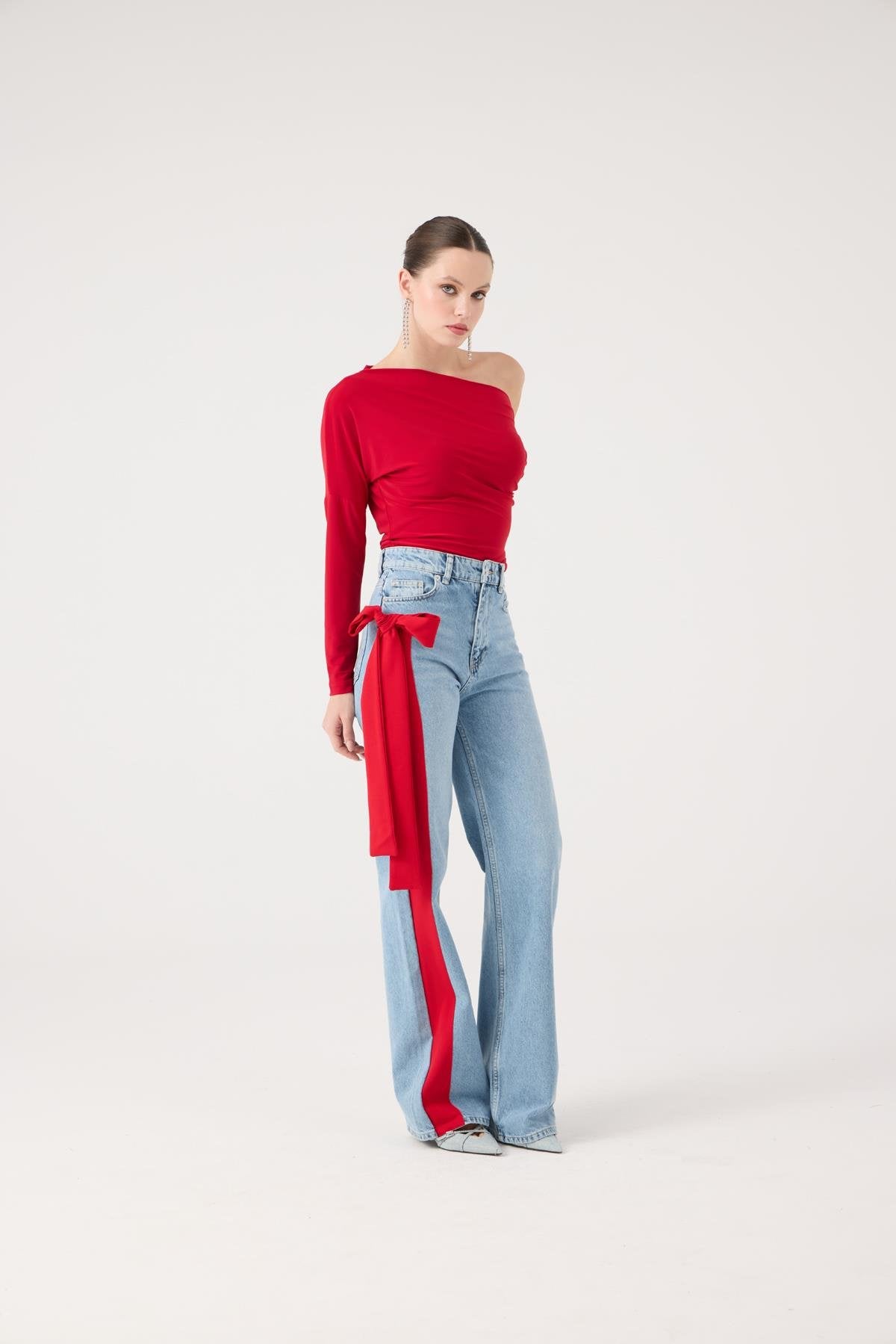 Yüksek Bel Kurdele Detaylı Wide Leg Kyla Jean Pantolon Mavi