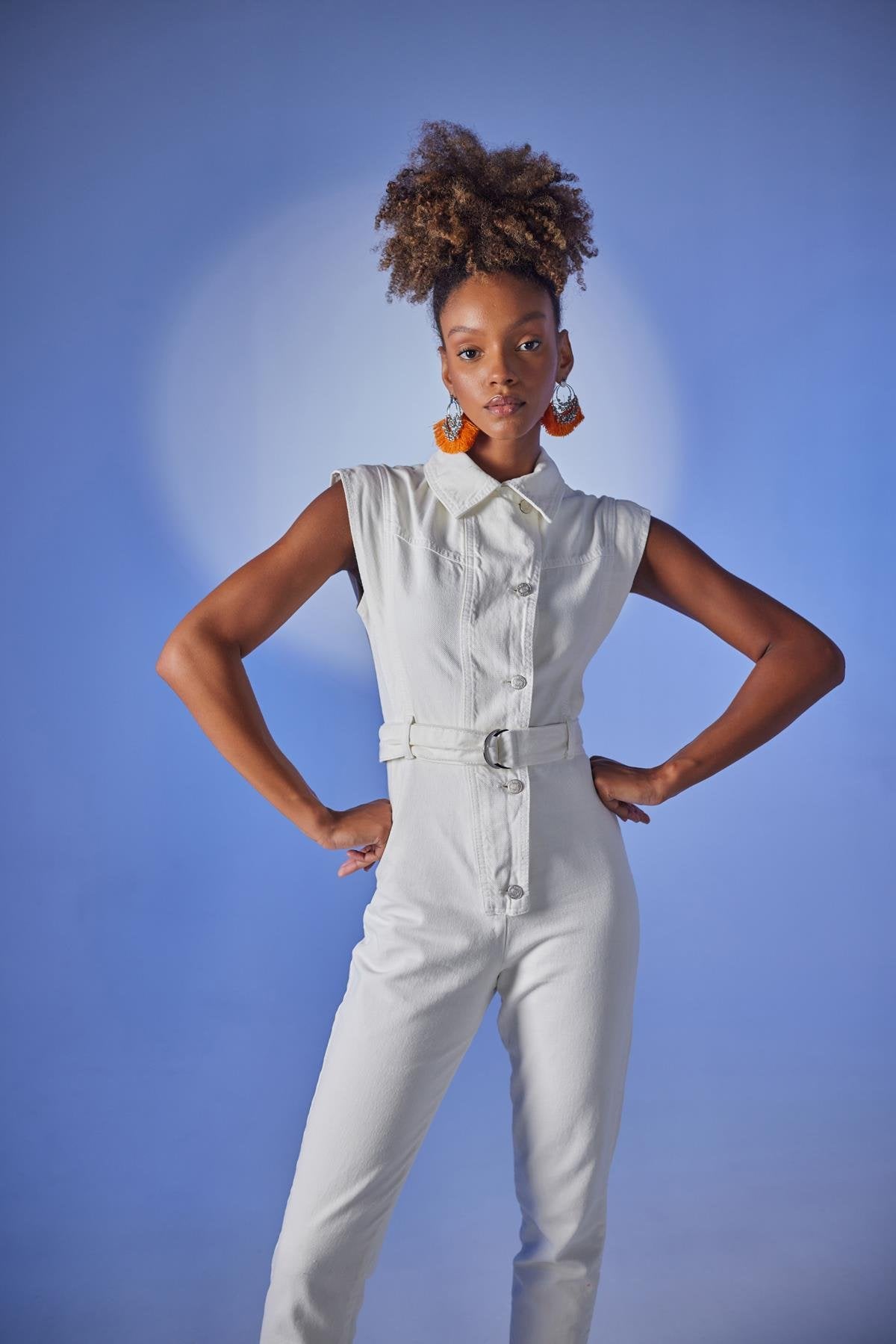 Sıfır kollu kemer detaylı Perle Tulum Beyaz Beyaz L