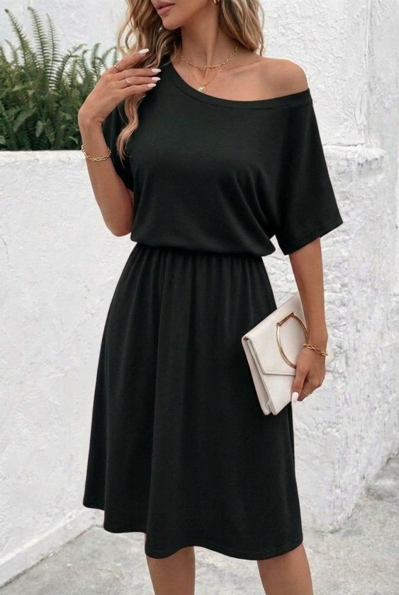Women's Short Sleeve Off-Shoulder Flared Midi Viscose Dress