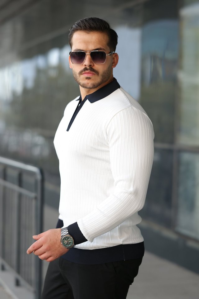 Erkek Kol Ve Yaka Detaylı Uzun Kollu Triko