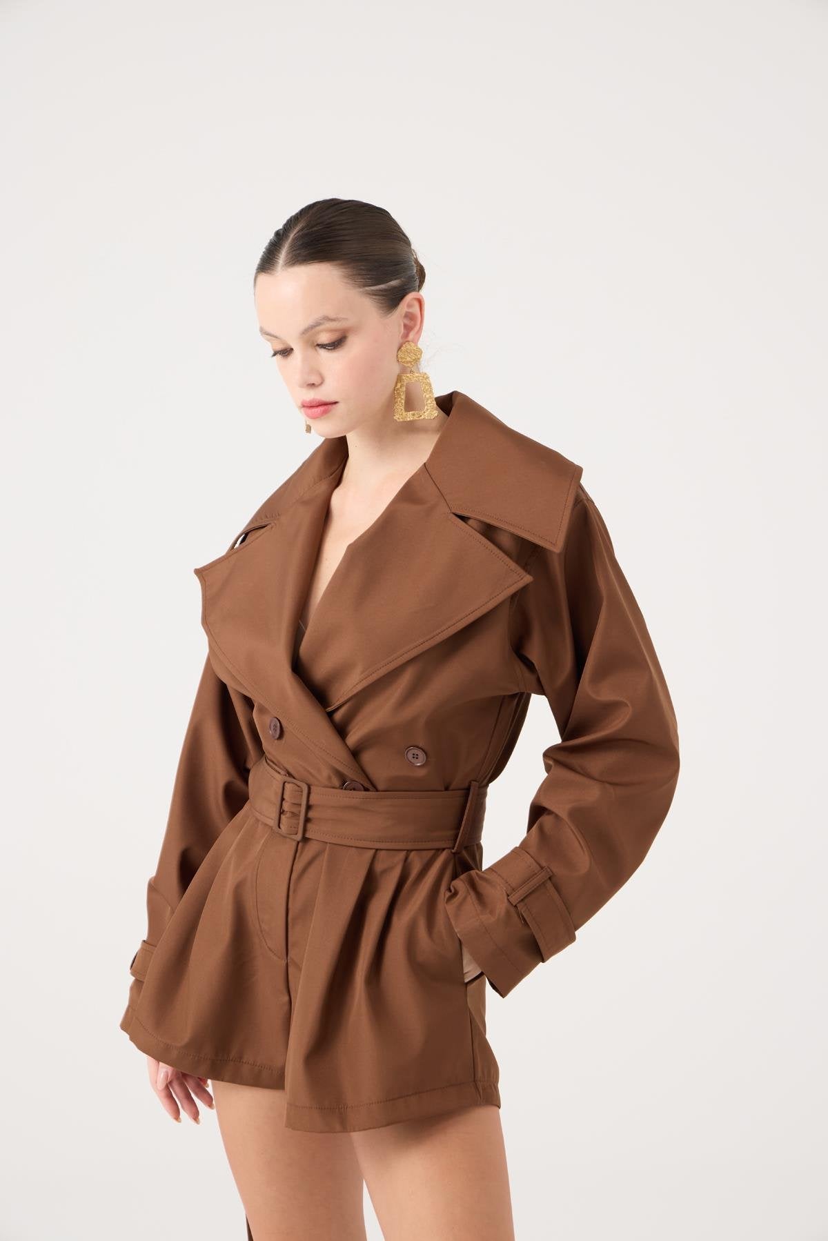 Trençkot Görünümlü Kemerli Regan Tulum Kahve