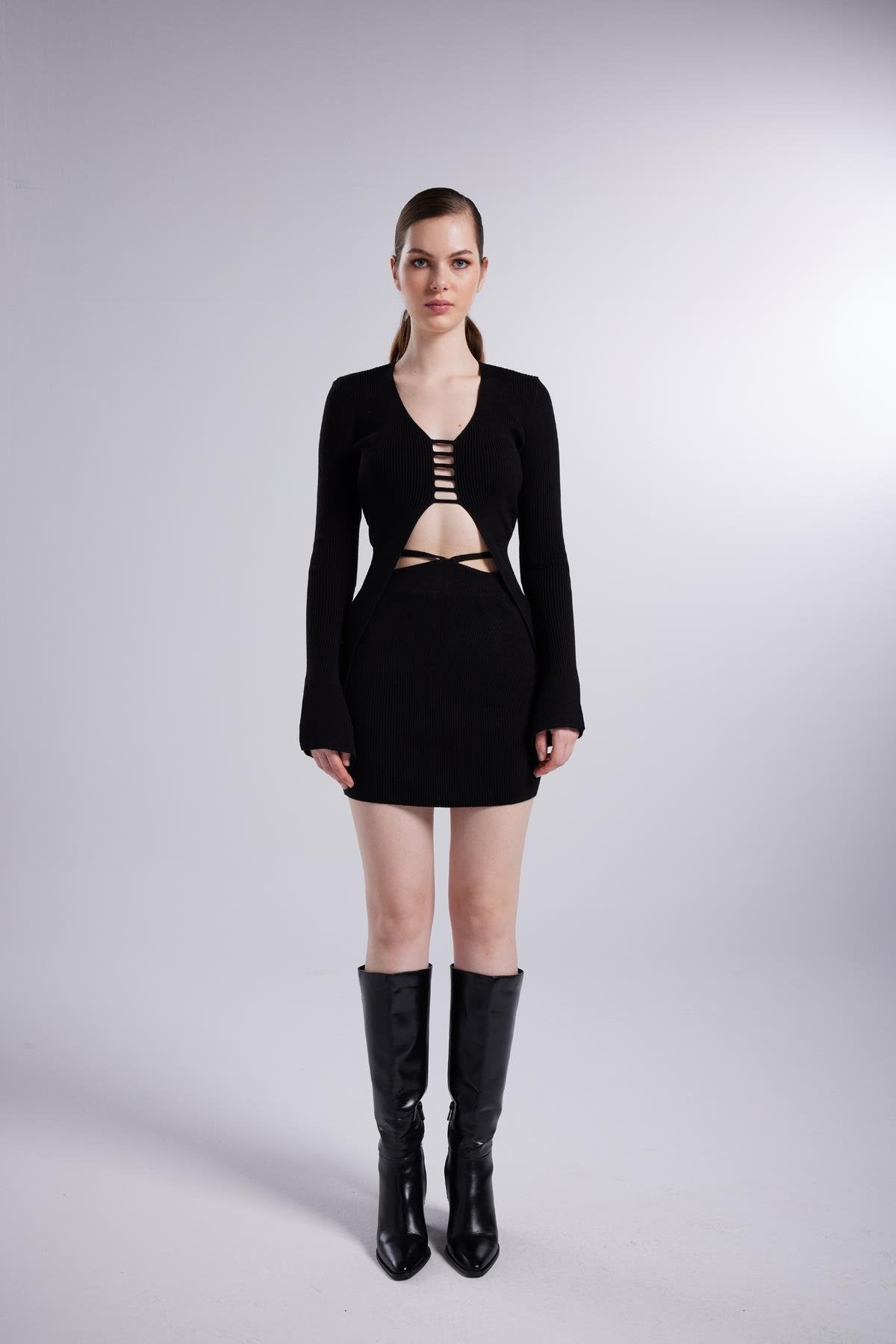 Beli Bağlama Detaylı Fels Triko Mini Etek Siyah Siyah STD