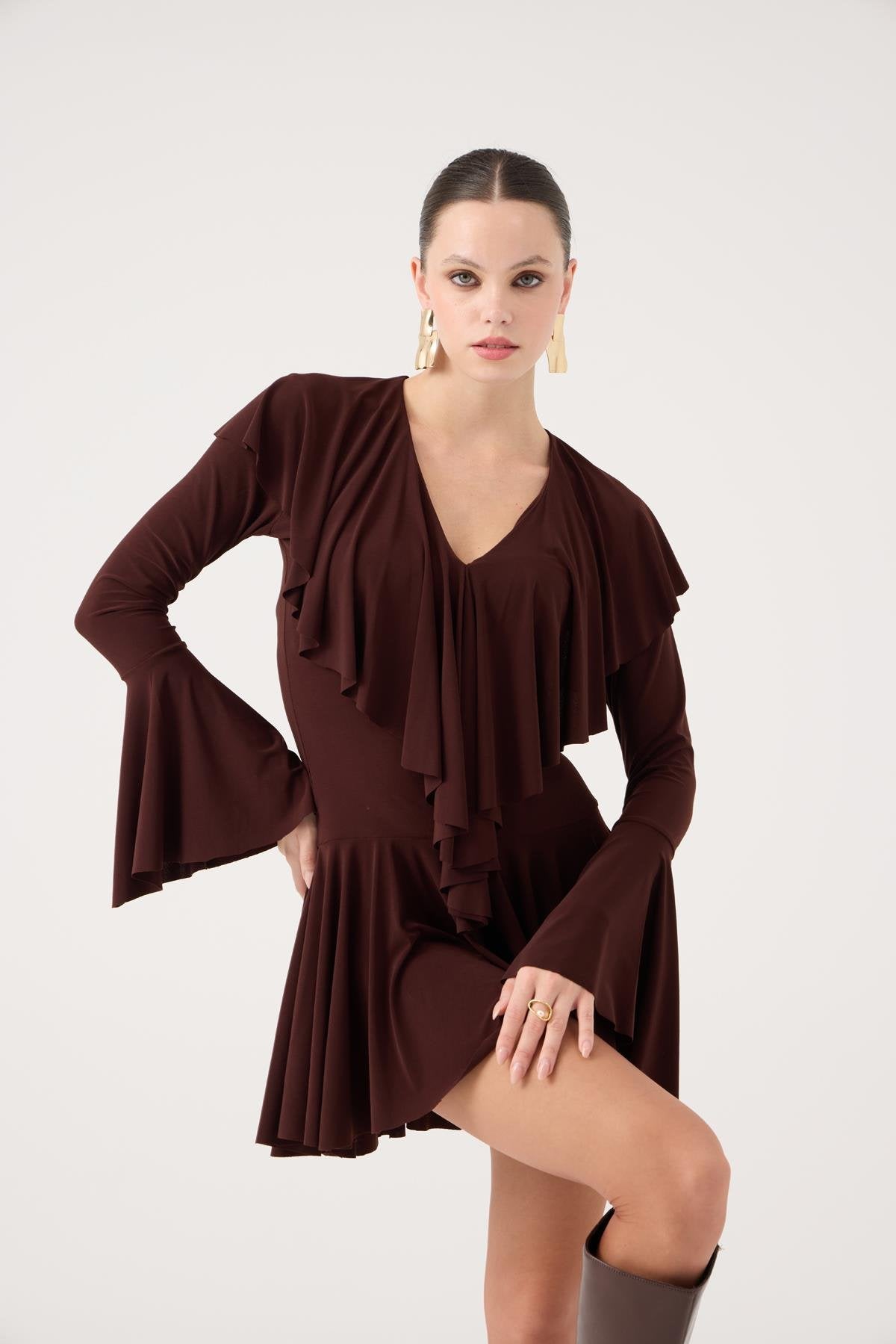 Fırfırlı Mini Yolanthe Elbise Kahve