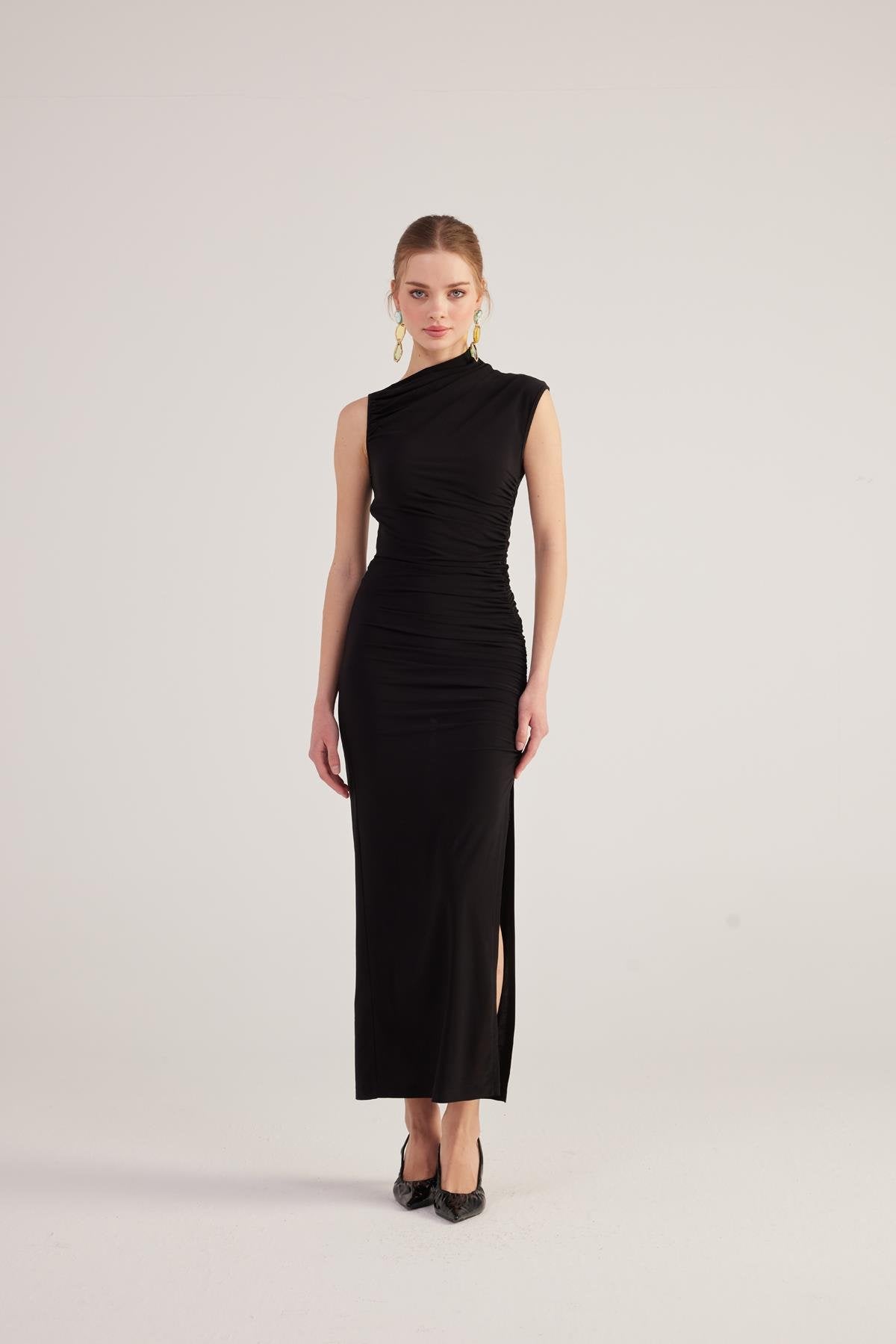 Büzgü detaylı Yırtmaçlı Uzun Lily Elbise Siyah Siyah L