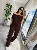 Women's One-Shoulder Side Stripe Detail Viscose Two-Thread Blouse and Pants Two-Piece Set