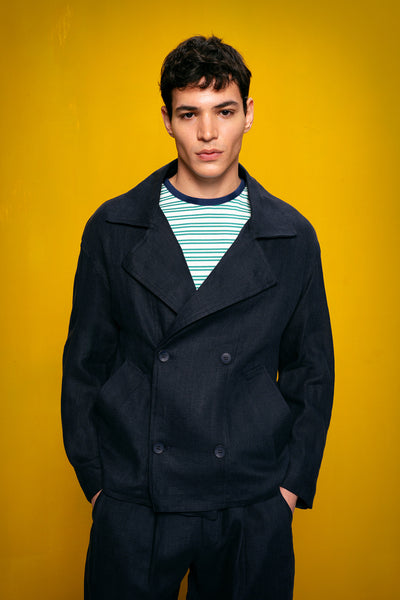 100% Linen Double-Breasted Navy Jacket