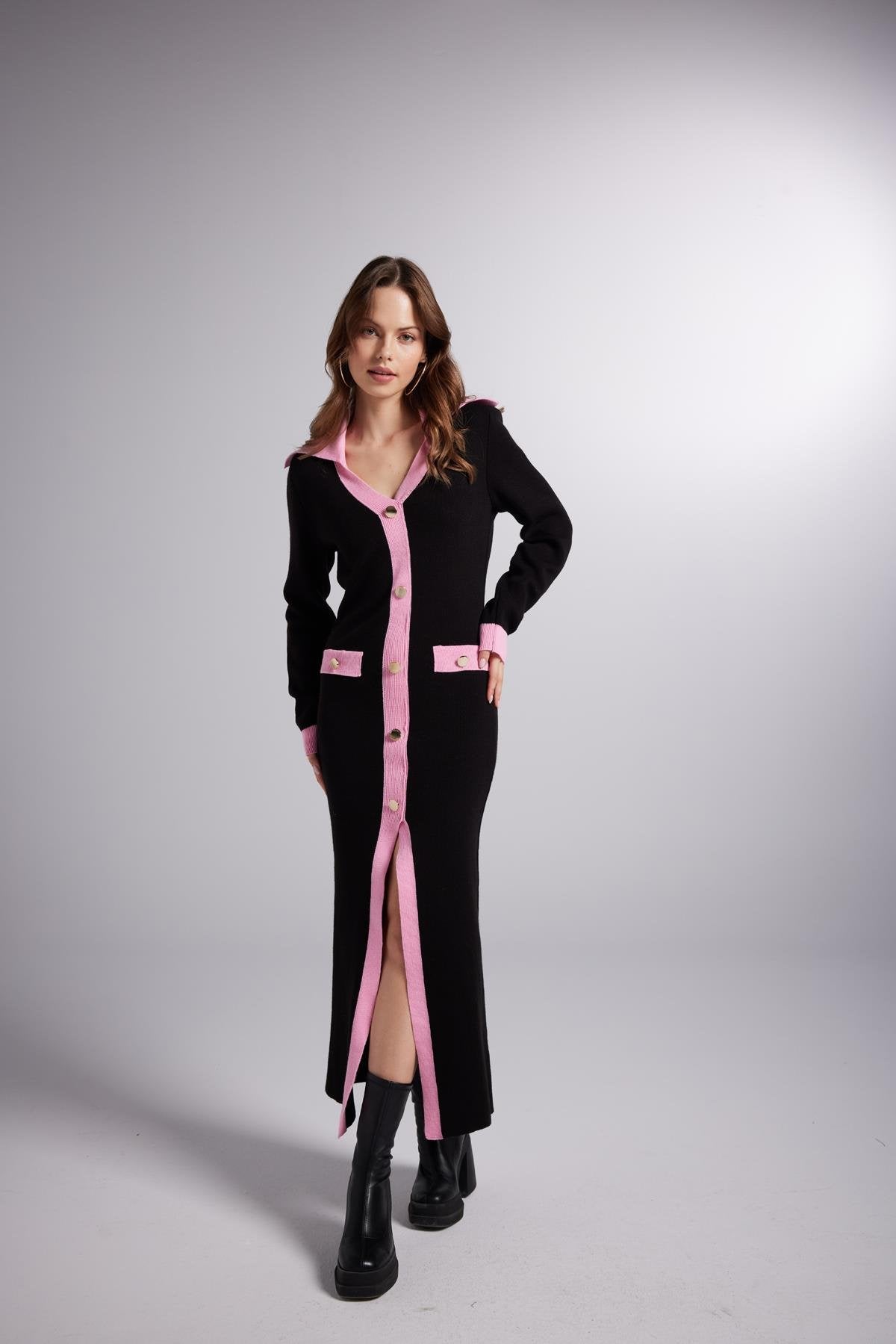 Düğme Detaylı Elias Triko Elbise Siyah