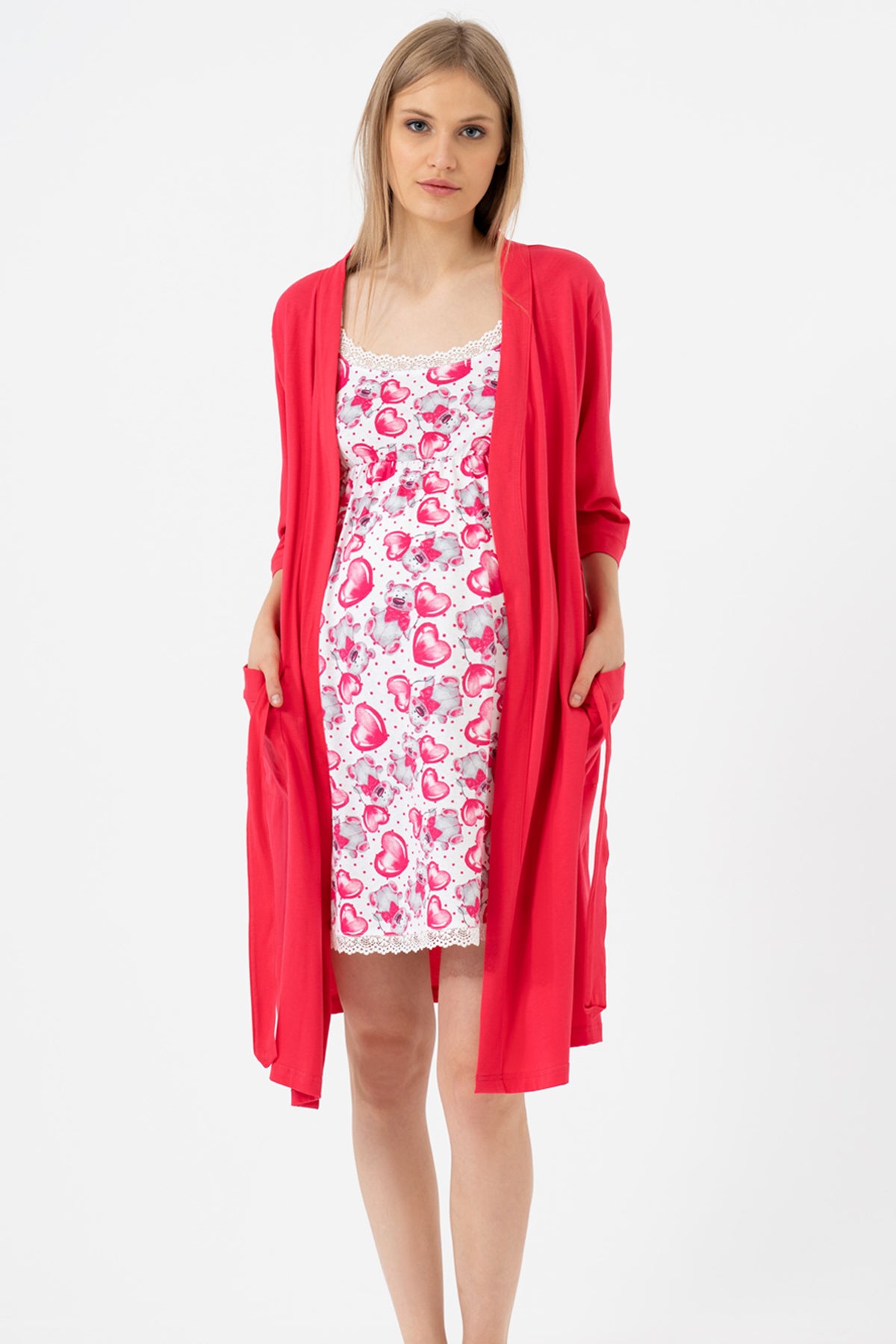 Woman Cerise Pregnant Dressing Gown Set